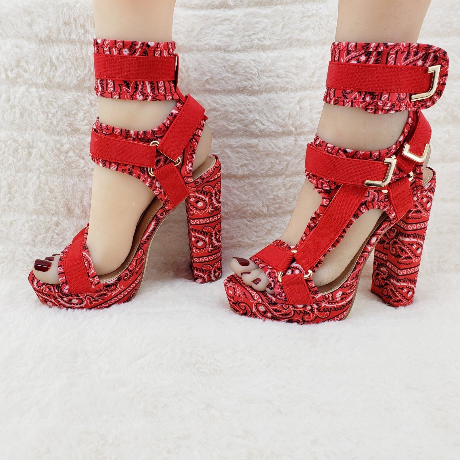 Other Red Bandanna 5.5" Chunky High Heel Harness Strap Shoe Banda Size US 9 / IT 39 - 4 Thumbnail