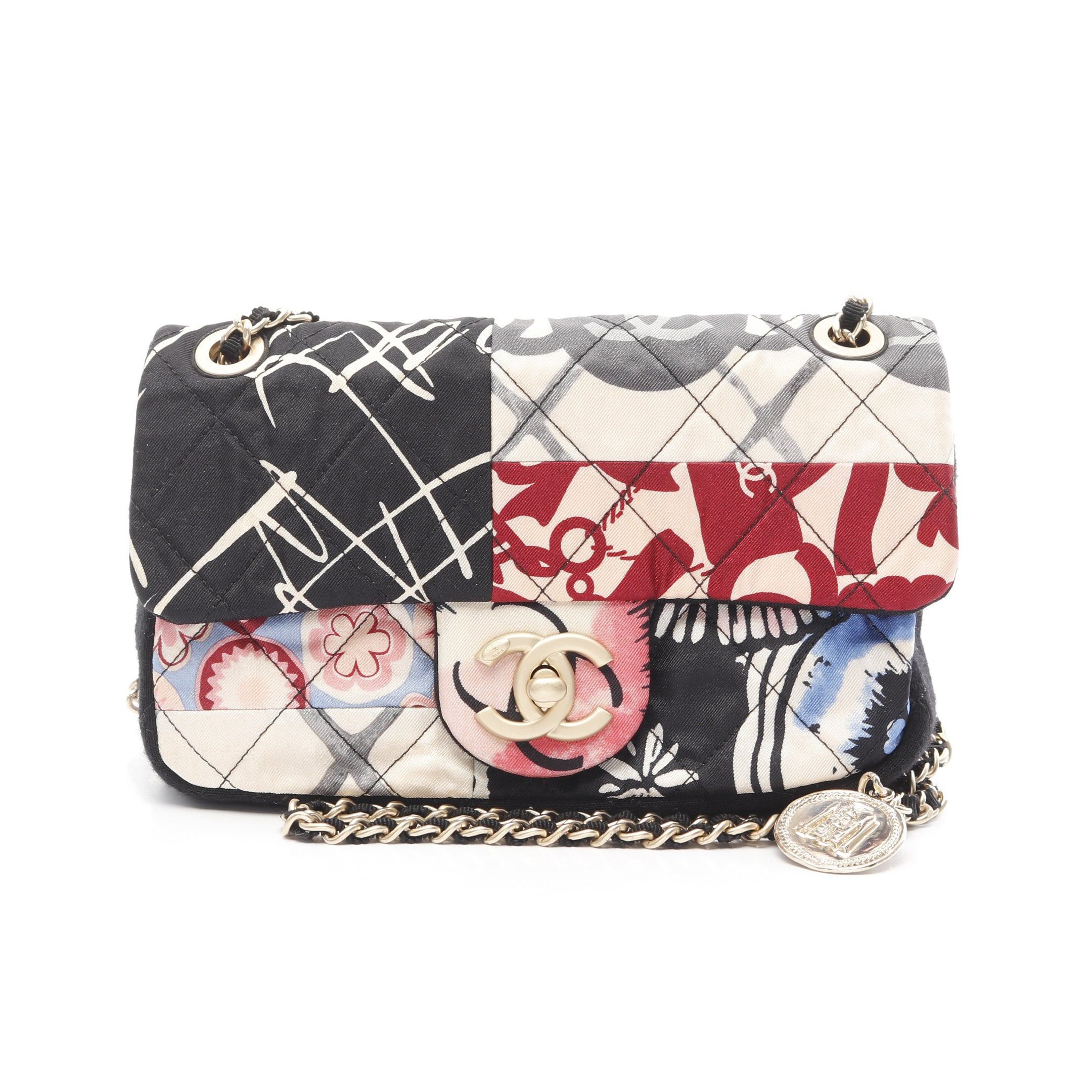 Chanel Mini Matelasse 20 Chain Shoulder Bag Cotton Jersey Fabric Black Multicolor Gold Hardware, Women's
