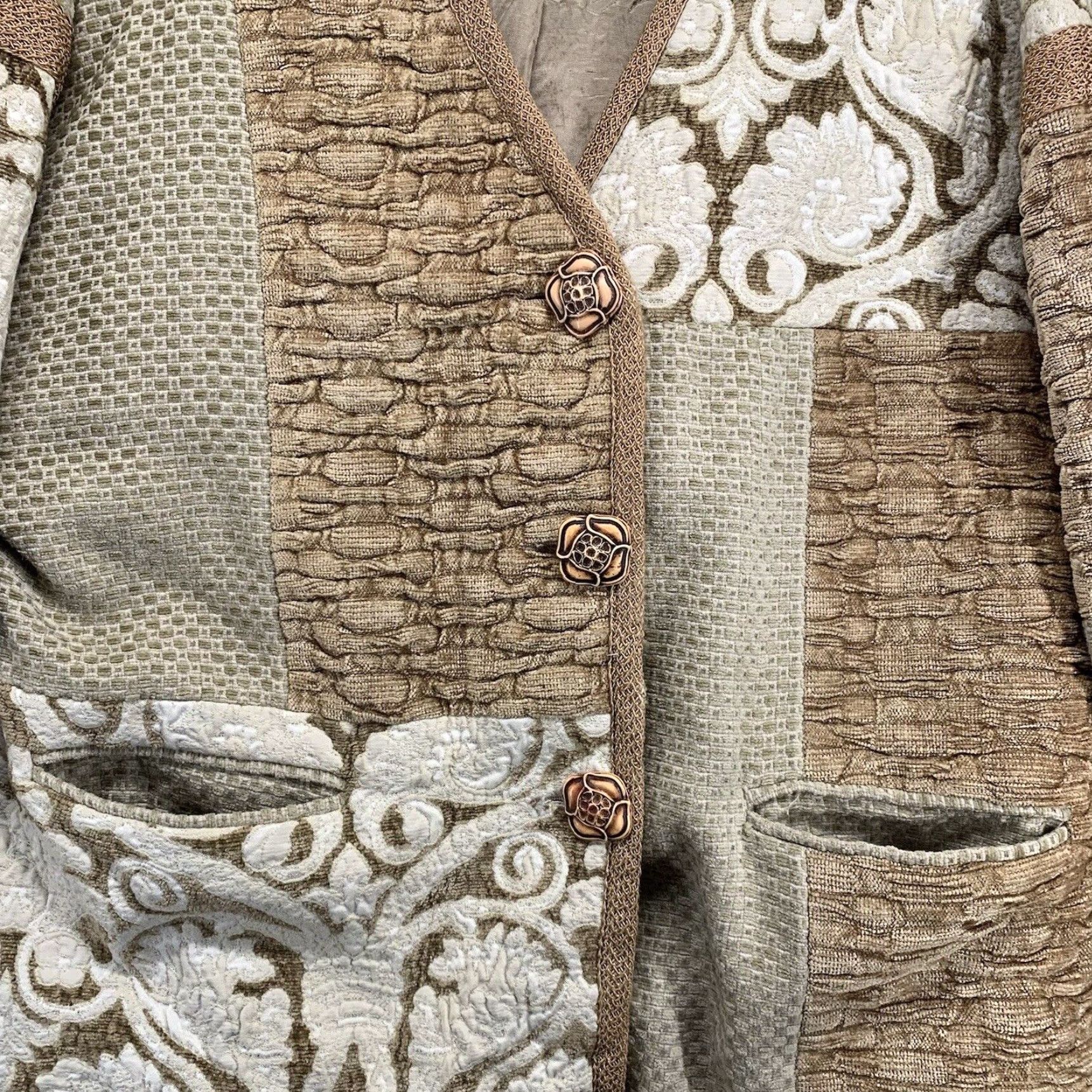 Vintage VINTAGE Max & Mabel Women's Beige Patchwork Rayon Jacket Size 1 Lined 80s 90s Size XS / US 0-2 / IT 36-38 - 5 Thumbnail