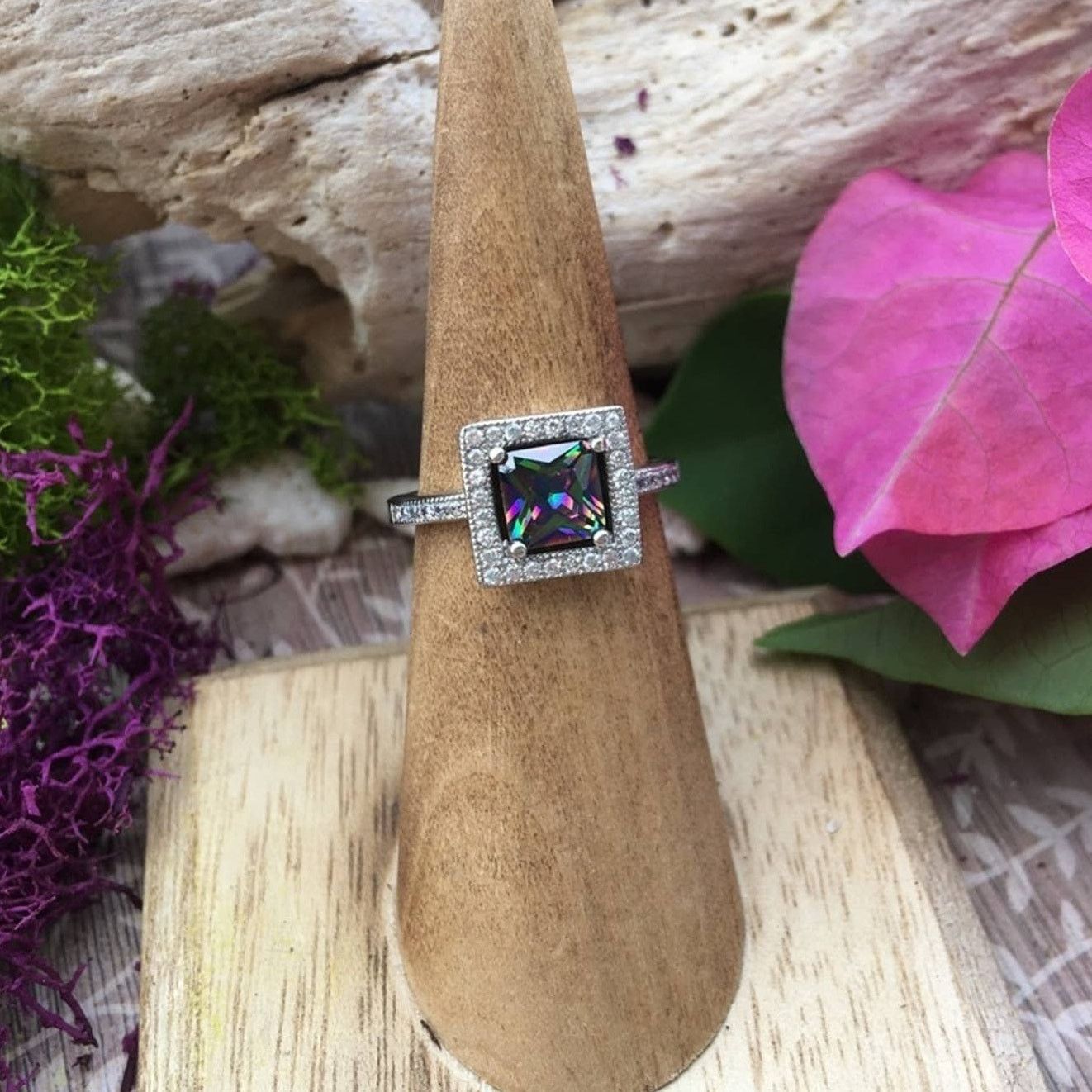 The Unbranded Brand Rainbow Topaz Sterling Silver Square Ring Size ONE SIZE - 1 Thumbnail
