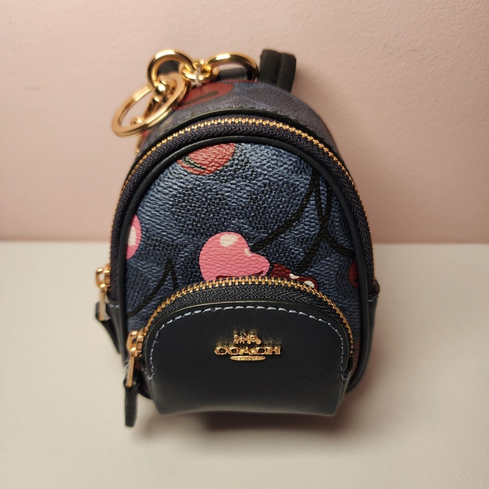NWT Coach Cz086 Mini Court Backpack Bag Charm Cherry Denim in Blue, Women's