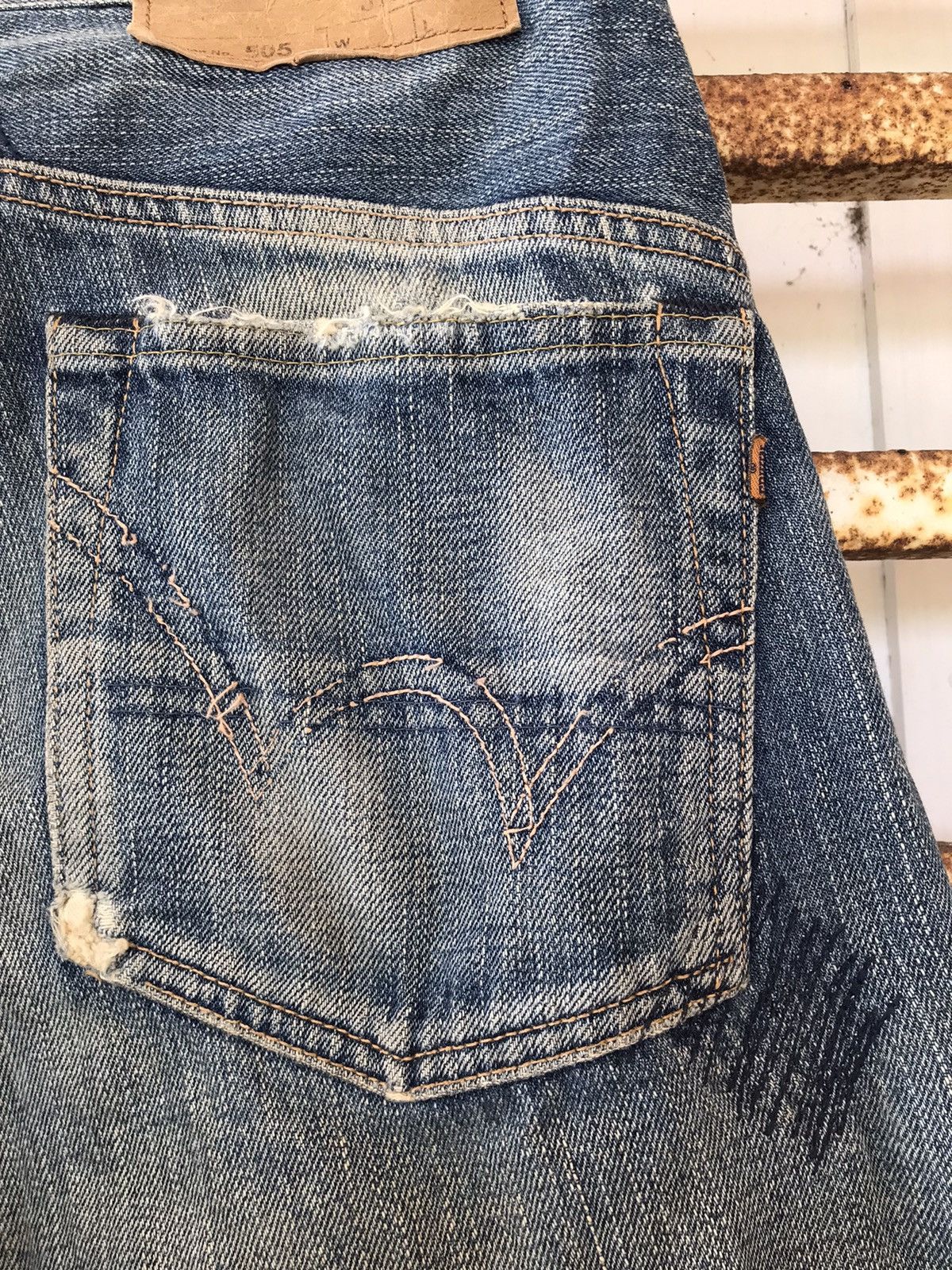Edwin × Japanese Brand × Vintage EDWIN 505 Orange Tab Selvedge Jeans Distressed Denim Vintage Size US 31 - 5 Thumbnail