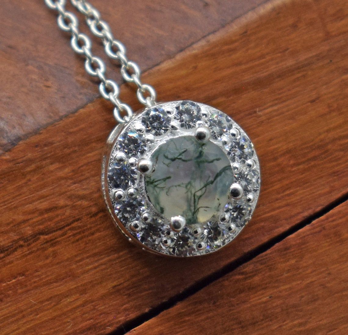 Handmade Moss Agate Pendant: Round Gemstone, 925 K Silver Necklace Size ONE SIZE - 4 Thumbnail
