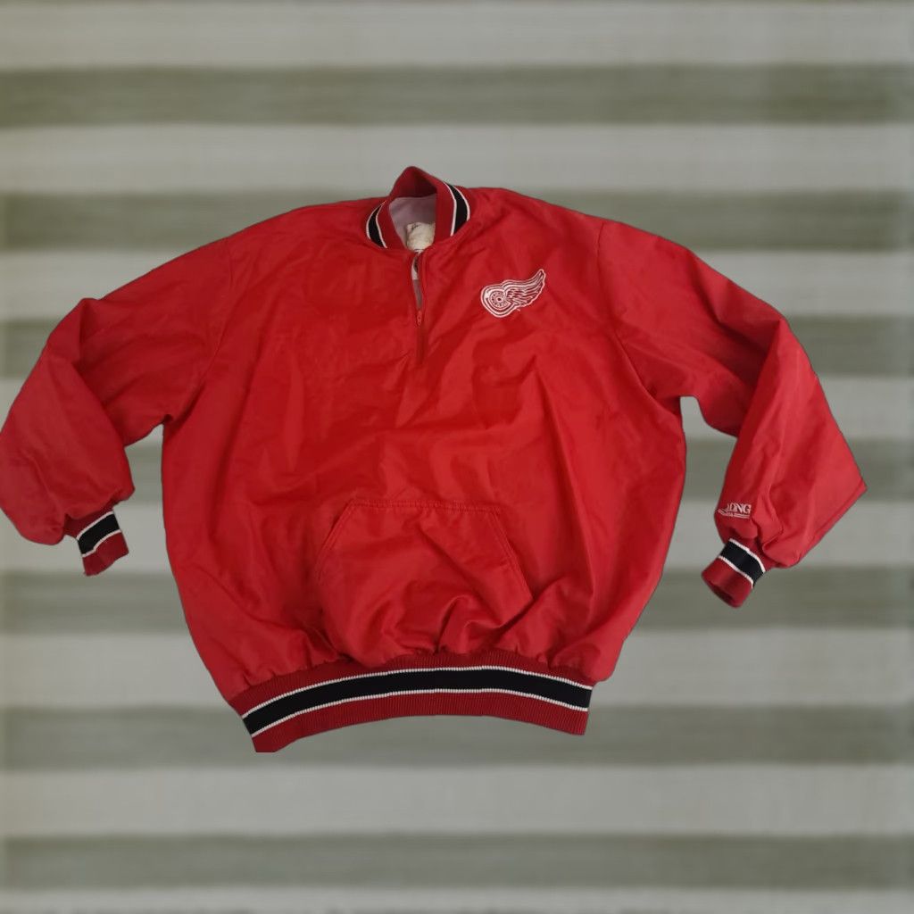 Red Wing VINTAGE DeLong Detroit Red Wings 1/4 Zip Pullover Lined Bomber Jacket USA Mens LG Red Size US L / EU 52-54 / 3 - 1 Thumbnail
