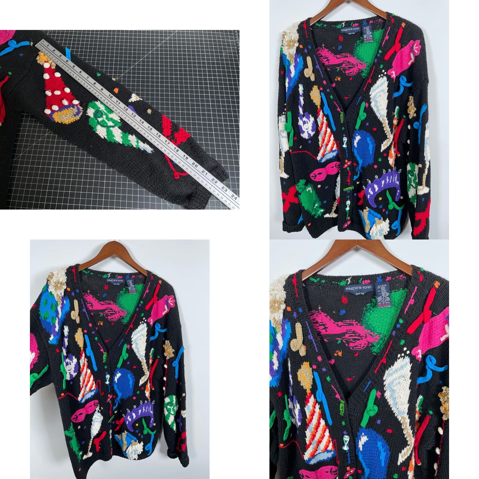 Vintage VINTAGE Eagle's Eye Cardigan Woman's Medium Black Hand Knit Crew Neck 90s Holiday Beaded Embroidered Sweater Girls/Womens? Size M / US 6-8 / IT 42-44 - 8 Thumbnail