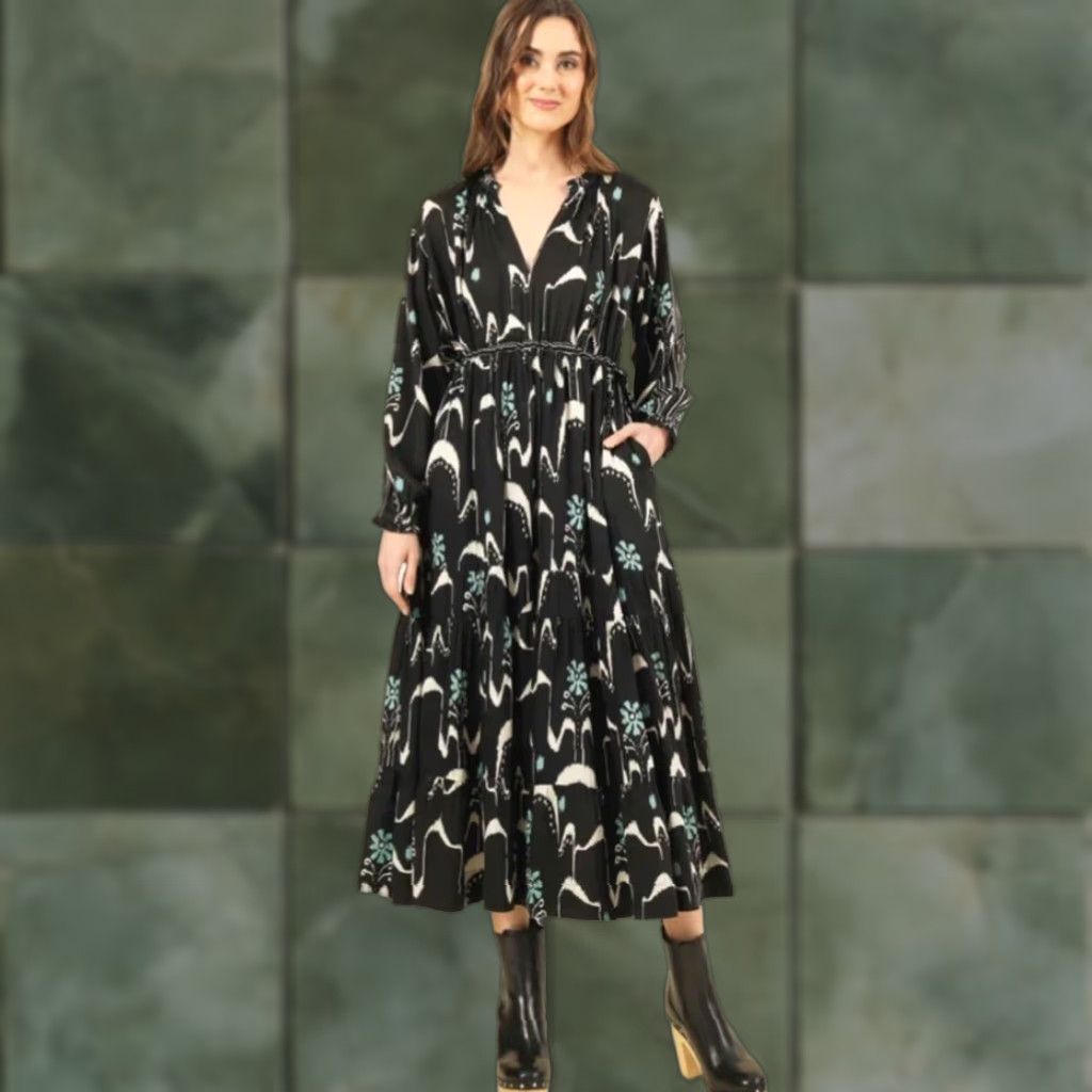 Vintage Omika Misha Midi Dress Patterned Black V-Neck Long Sleeve Hook & Eye Mod al Ruffle Casual Women Sized S EUC Size S / US 4 / IT 40 - 1 Thumbnail