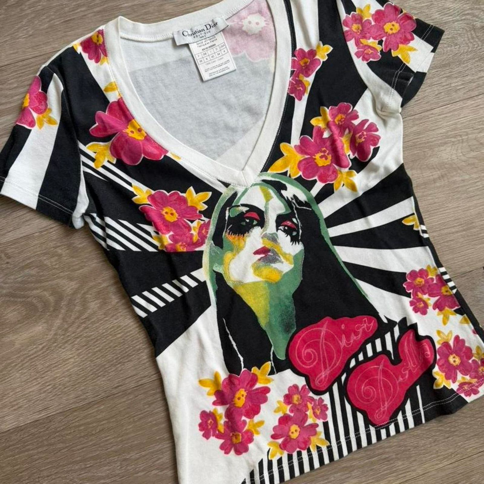 Dior Christian Dior SS2004 SDior Dolls" Floral Stripe V-Neck Tee Size S / US 4 / IT 40 - 2 Thumbnail