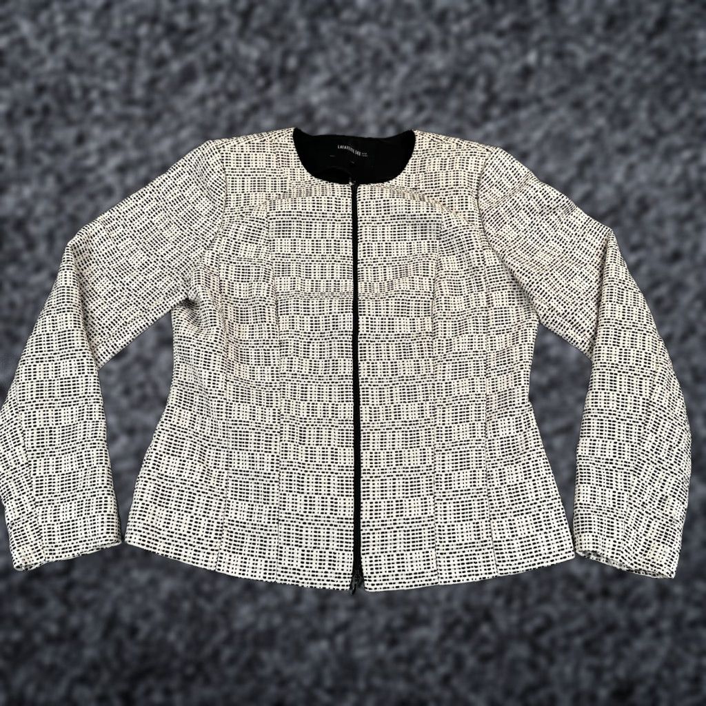 Vintage Lafayette 148 New York Jacket Womens 10 White Tweed Collarless Full Zip Geometric Size L / US 10 / IT 46 - 1 Thumbnail