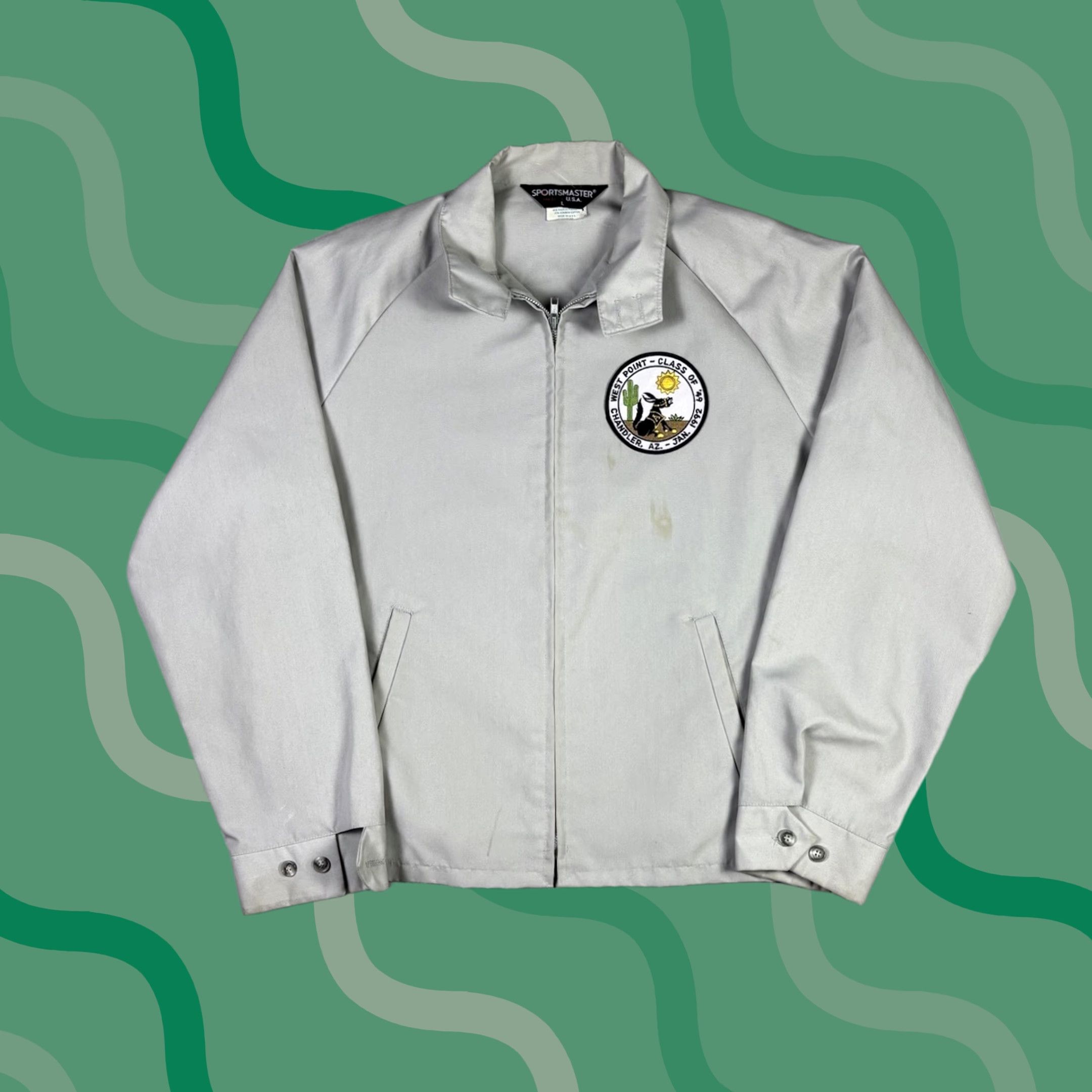 Vintage VINTAGE Flight Windbreaker Collared Bomber Jacket Full Zip West Point Adult Large 90s Mens Gray Polyester Knit 90s Pattern Solid Logo Front Zip Jacket Size US L / EU 52-54 / 3 - 1 Thumbnail