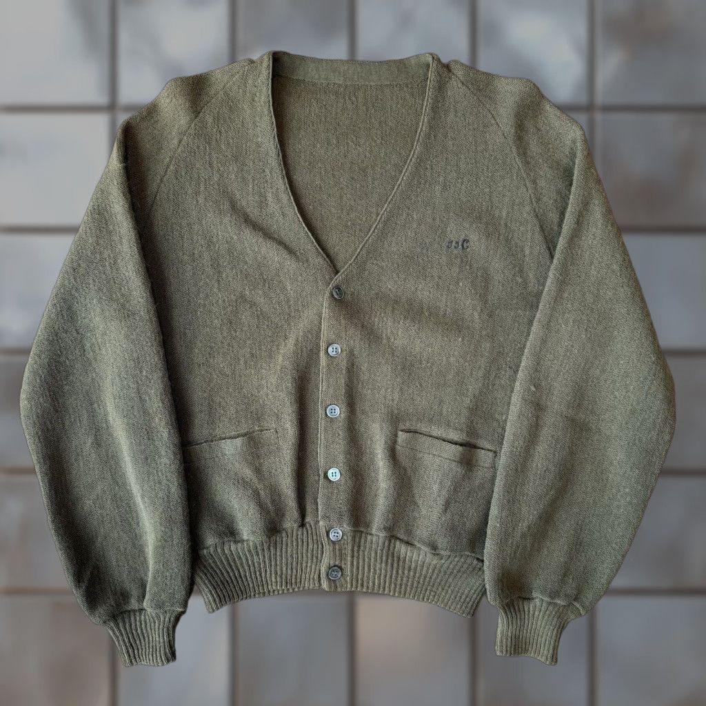 VINTAGE Cardigan Mens Wool Green S 70s USA Made Wool Cobain Long Sleeve