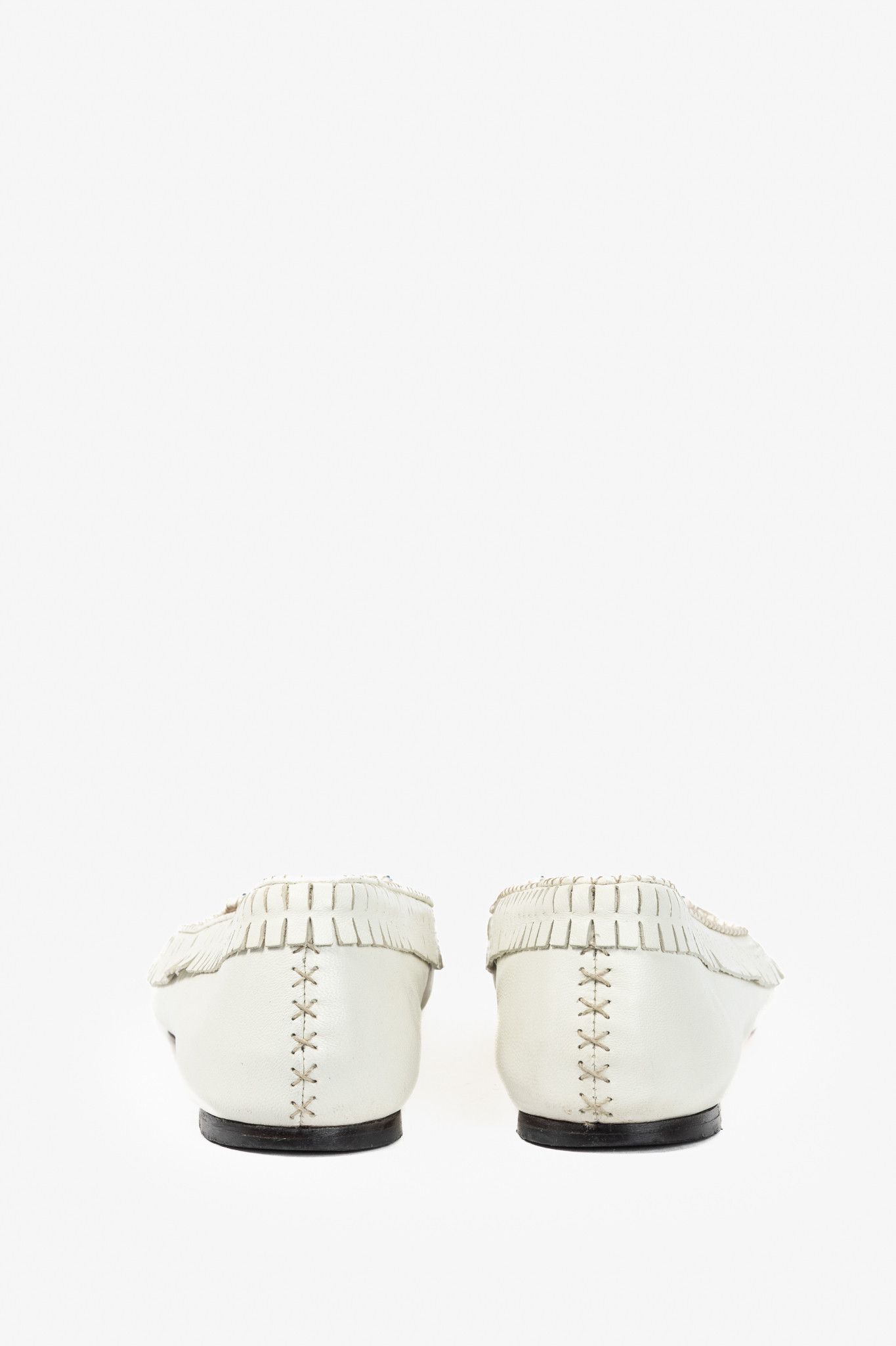 Charlotte Olympia Charlotte Olympia Kitty White Leather Beaded Fringe Flats Size US 7 / IT 37 - 4 Thumbnail