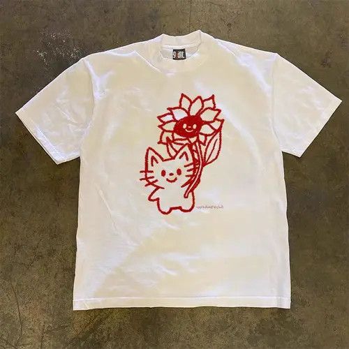 VIBE White Loose Cat Flower Print Short Sleeve T-Shirt Size US L / EU 52-54 / 3 - 5 Thumbnail
