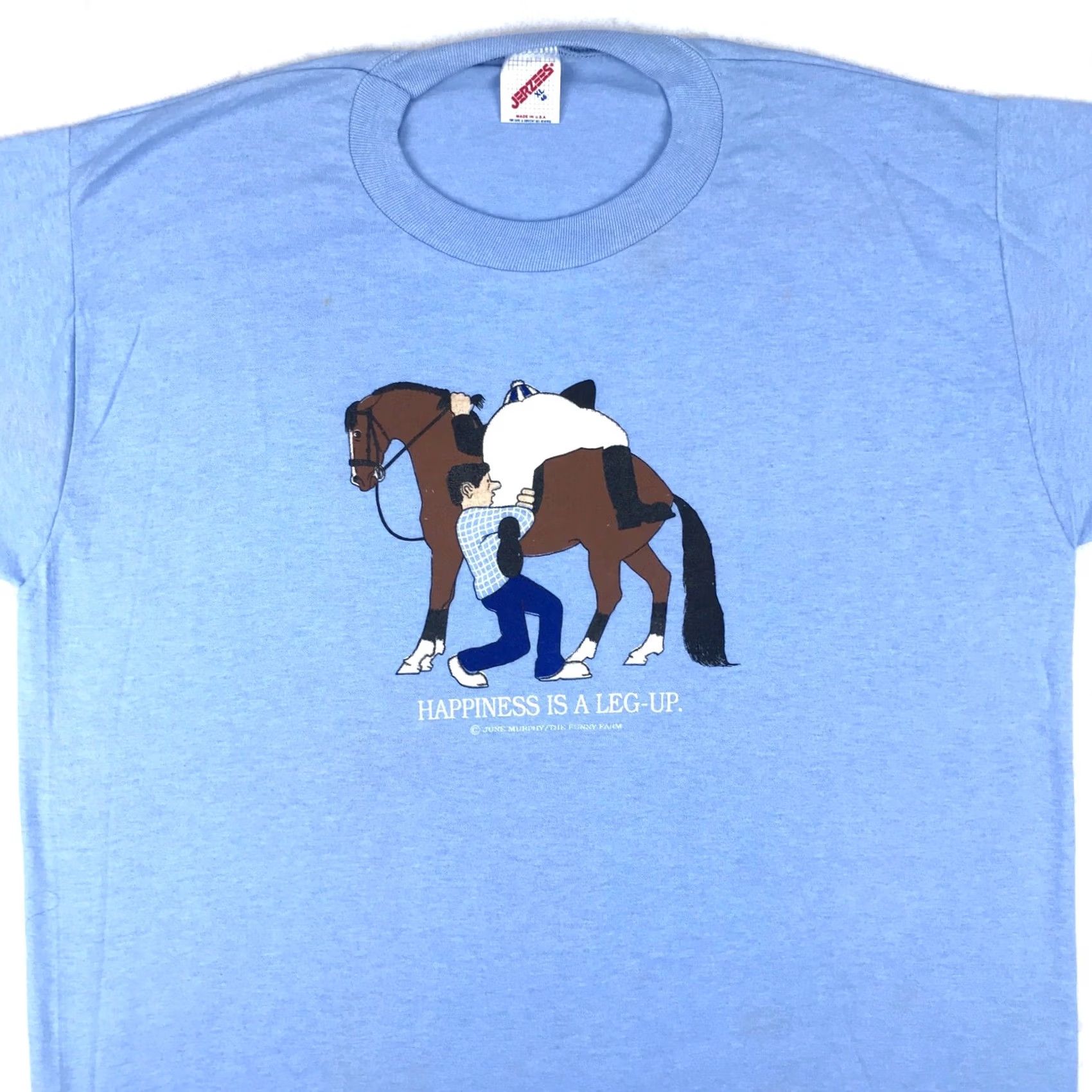 Jerzees NOS vtg 80s HAPPINESS IS A LEG UP HORSE JOCKEY CARTOON T-Shirt L blue Nike Shirt Ladies Mens Womens Boys Girls Size US L / EU 52-54 / 3 - 4 Thumbnail