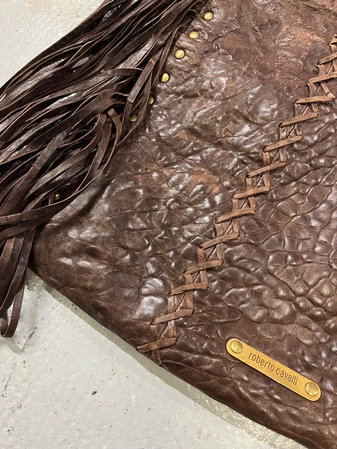 Designer × Roberto Cavalli × Vintage 2000s Roberto Cavalli Grain Brown Leather Fringe Shoulder Bag Size ONE SIZE - 4 Thumbnail