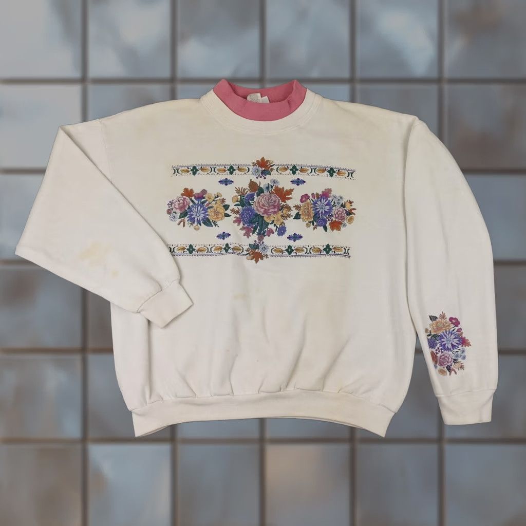 Vintage VINTAGE Morning Sun Womens Medium White Pink Floral Crewneck 90s Knit Sweatshirt Shirt Size M / US 6-8 / IT 42-44 - 1 Thumbnail