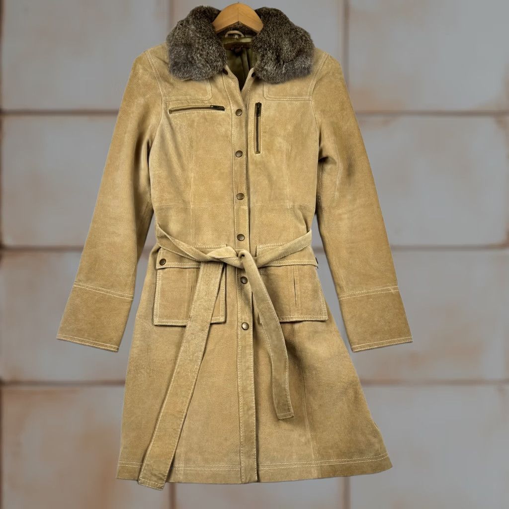Vintage VINTAGE Arden B Womens Medium Brown Leather Suede Coat Rabbit Fur Lined Collar Coat Trench Lined Womens M Brown Fall Winter Size M / US 6-8 / IT 42-44 - 1 Thumbnail