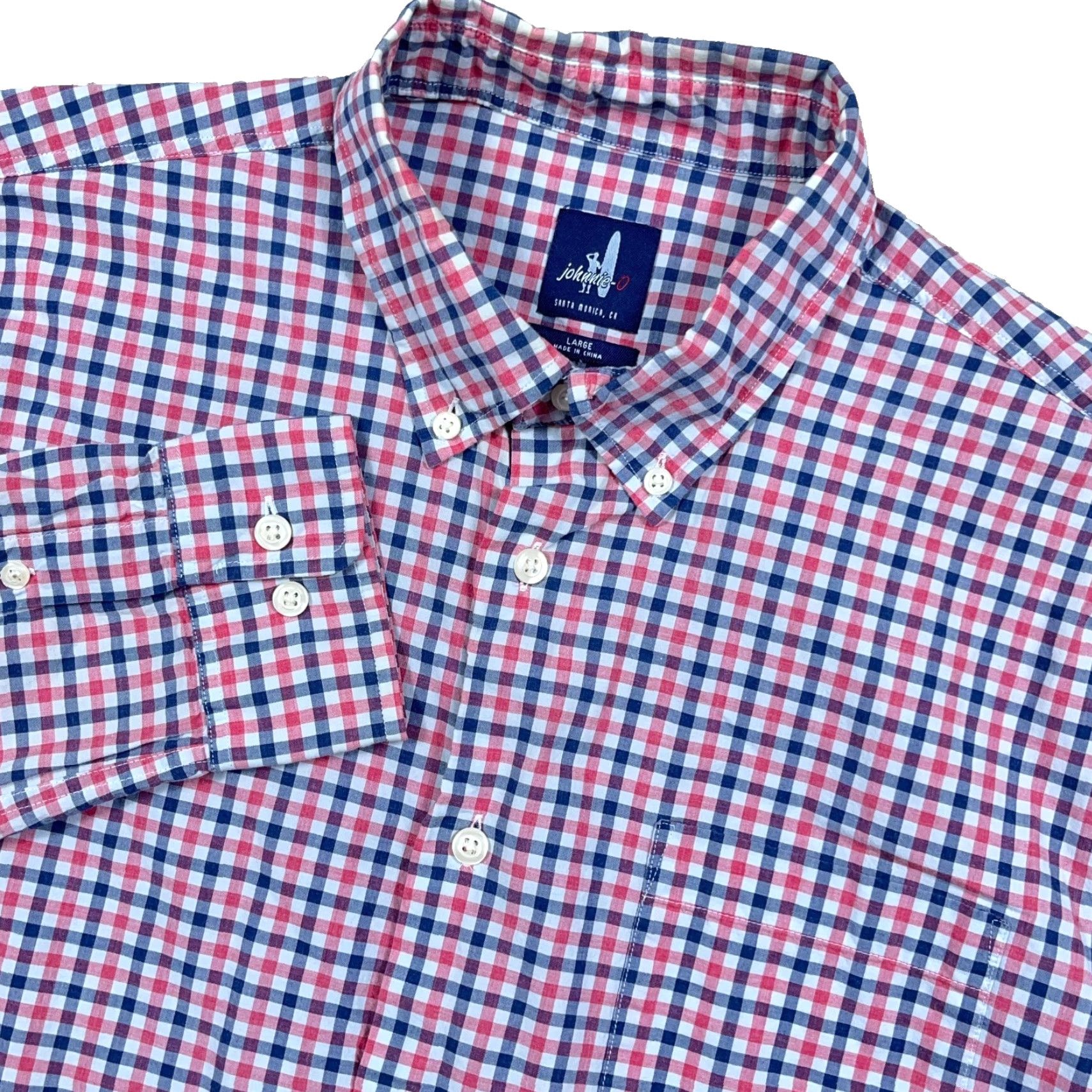 johnnie-O johnnie-O Shirt Men Large Red Blue Plaid Button Up Dress Pocket 100% Cotton Size 42R - 2 Thumbnail