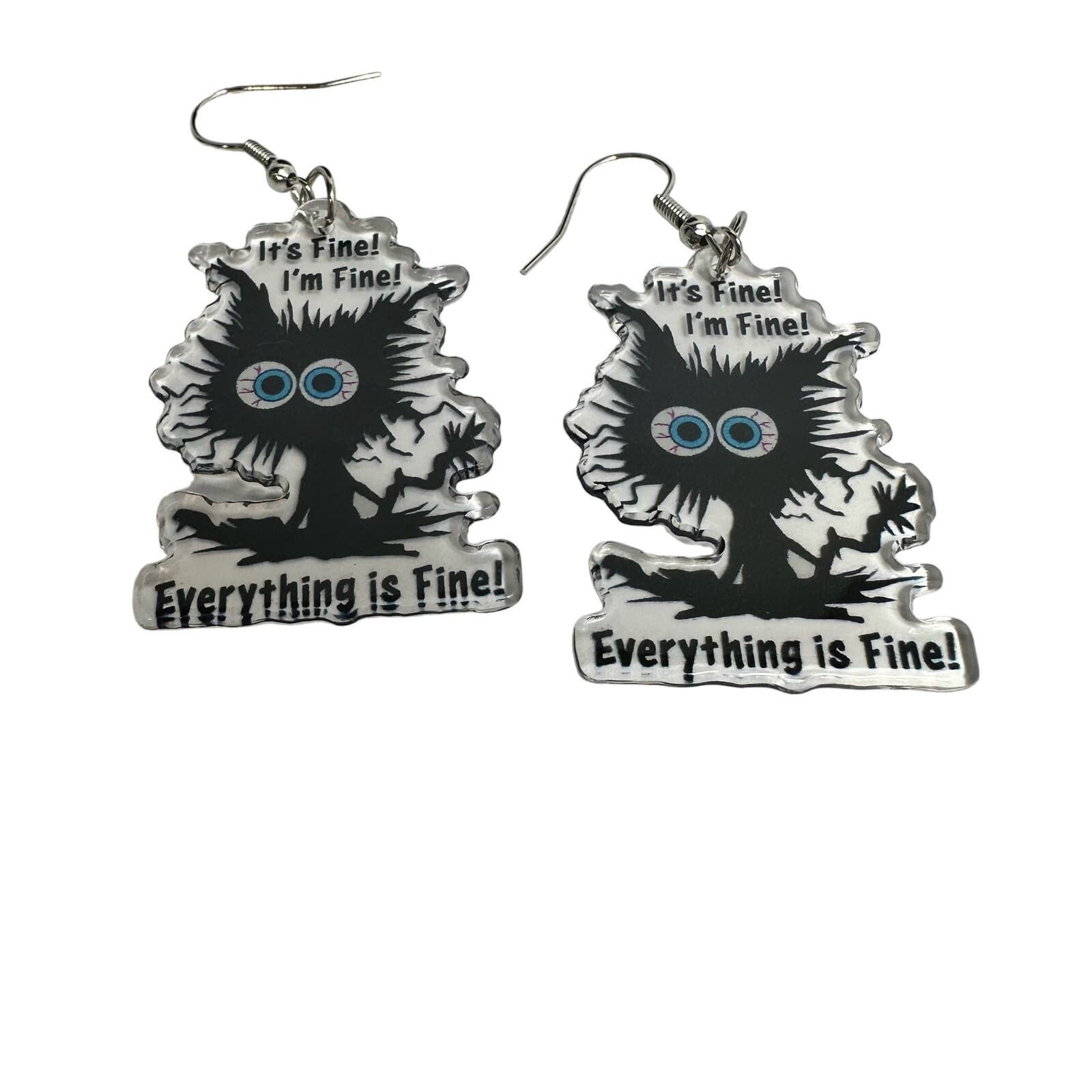 Handmade Black Cat Freaking Out Its Fine Everything is Fine Earrings Size ONE SIZE - 4 Thumbnail