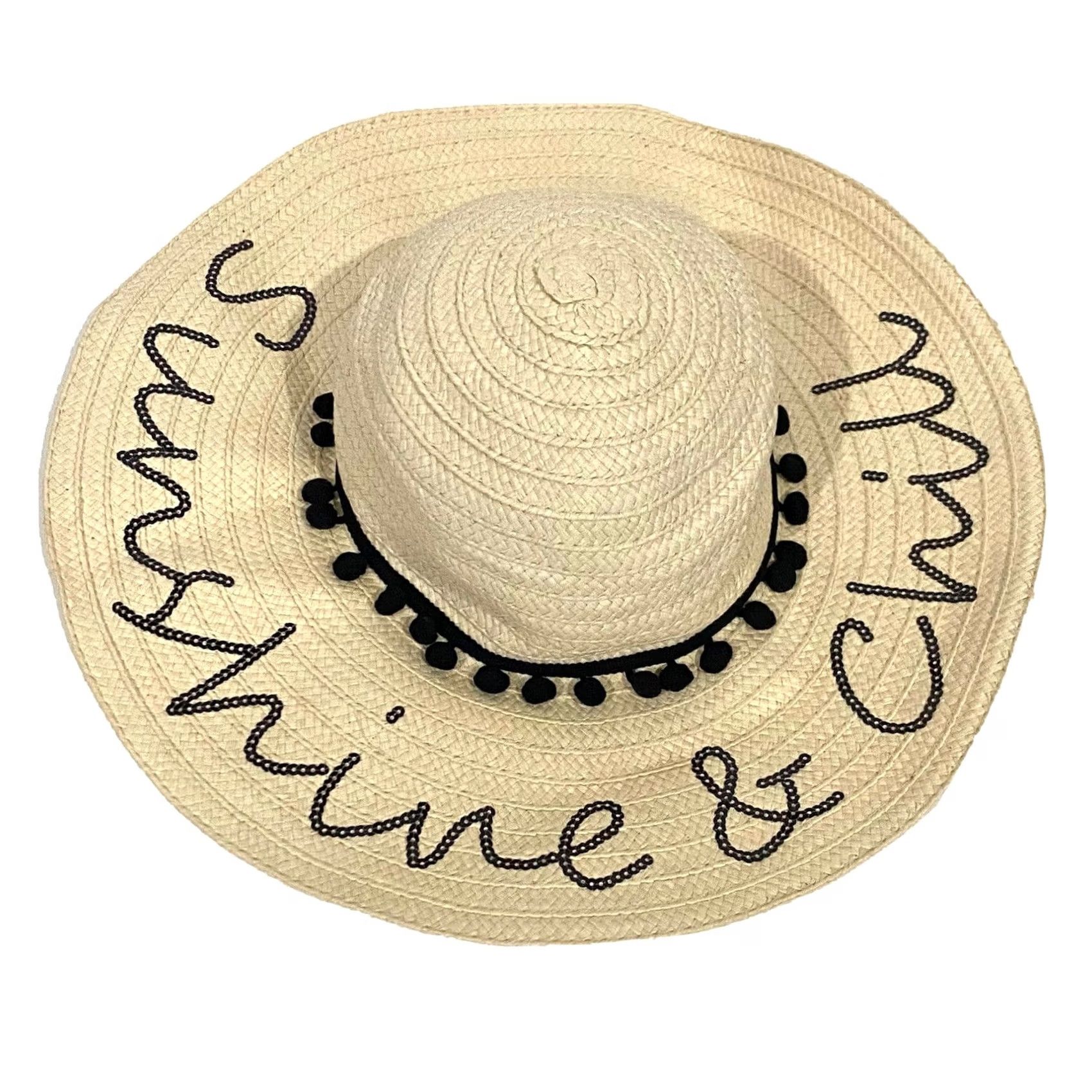 Betsey Johnson Betsey Johnson Sun Hat Women Wide Brim Beige Black Pom Pom Straw Hat Beach Vacation Sun Hat 22” Interior Circumference Size ONE SIZE - 2 Thumbnail