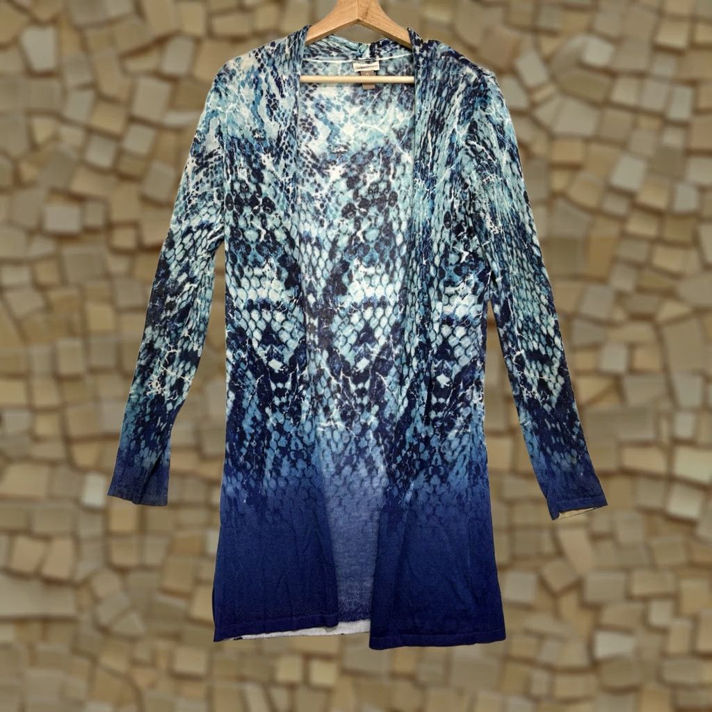 Vintage Chicos Cardigan Blue Animal Print Longline Open Front Knit Sweater Women S Size S / US 4 / IT 40 - 1 Thumbnail