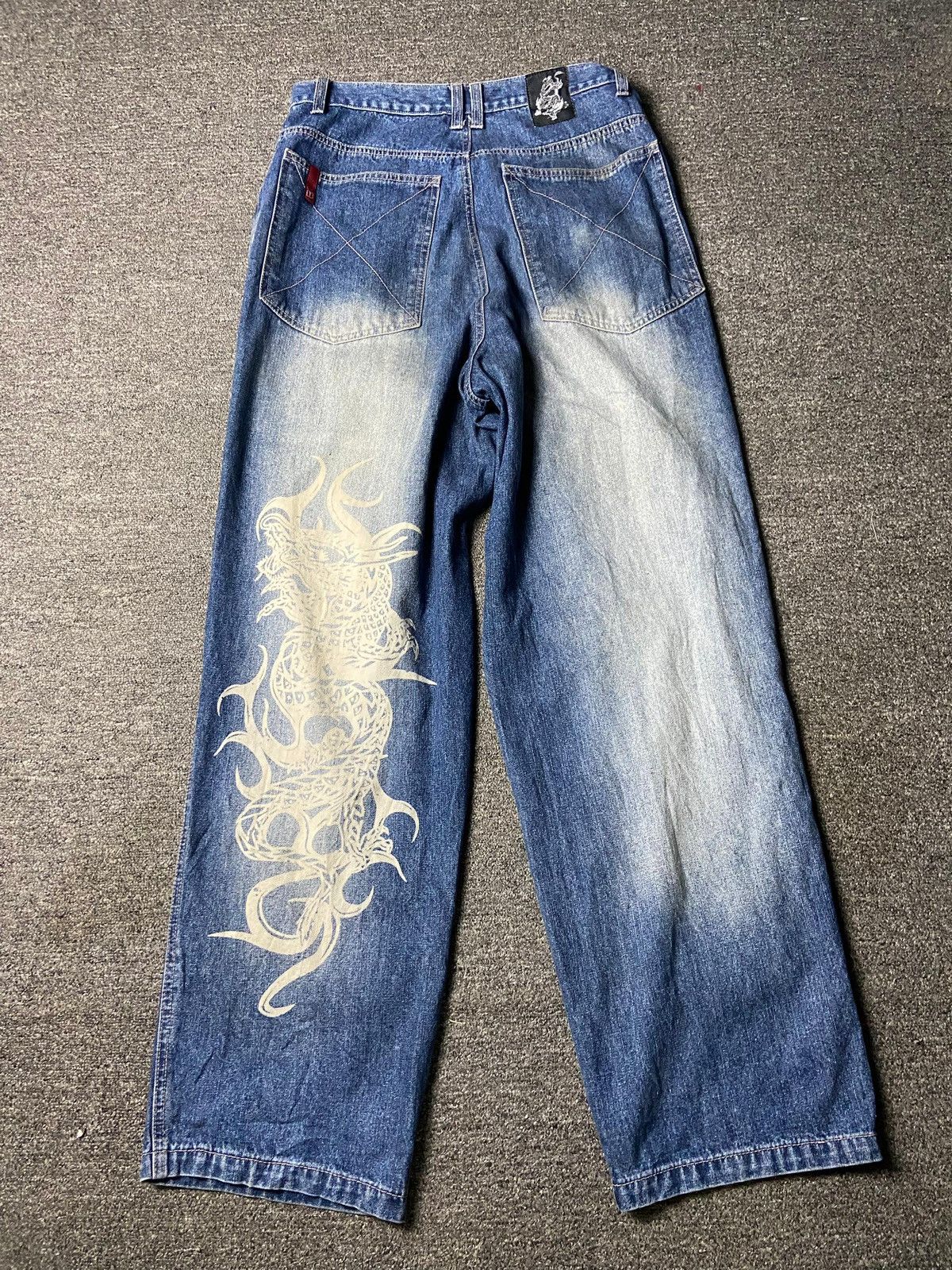Japanese Brand Vintage Top Town Dragon Print Denim Jeans (162) Size US 32 / EU 48 - 2 Thumbnail