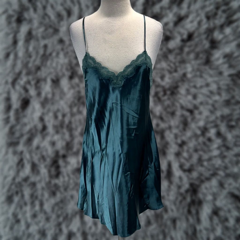 Vintage VINTAGE Evandale Intimates Satin Nightie Slip Nightgown Women’s L Green Lace Trim 1990s Womens Size ONE SIZE - 1 Thumbnail