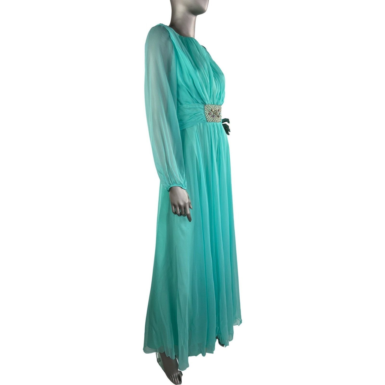 Vintage Vintage 1960s Blue Chiffon Maxi Dress Embellished Waist Med Size M / US 6-8 / IT 42-44 - 4 Thumbnail