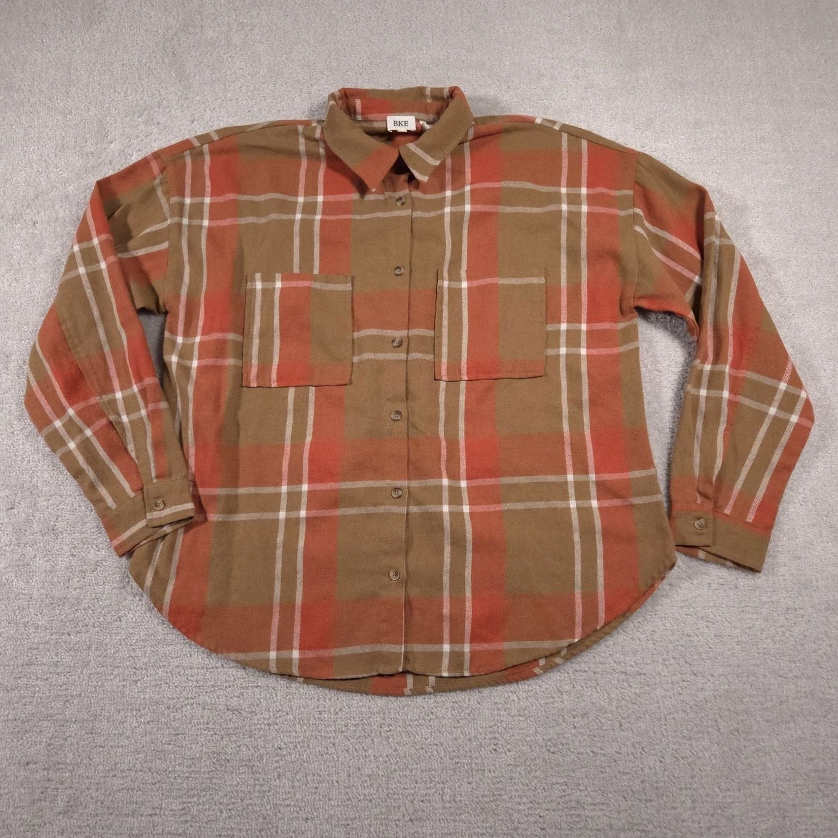 BKE BKE Shirt Womens Large Brown Plaid Button-Down Long Sleeve Boyfriend Flannel Shirt Size L / US 10 / IT 46 - 2 Thumbnail