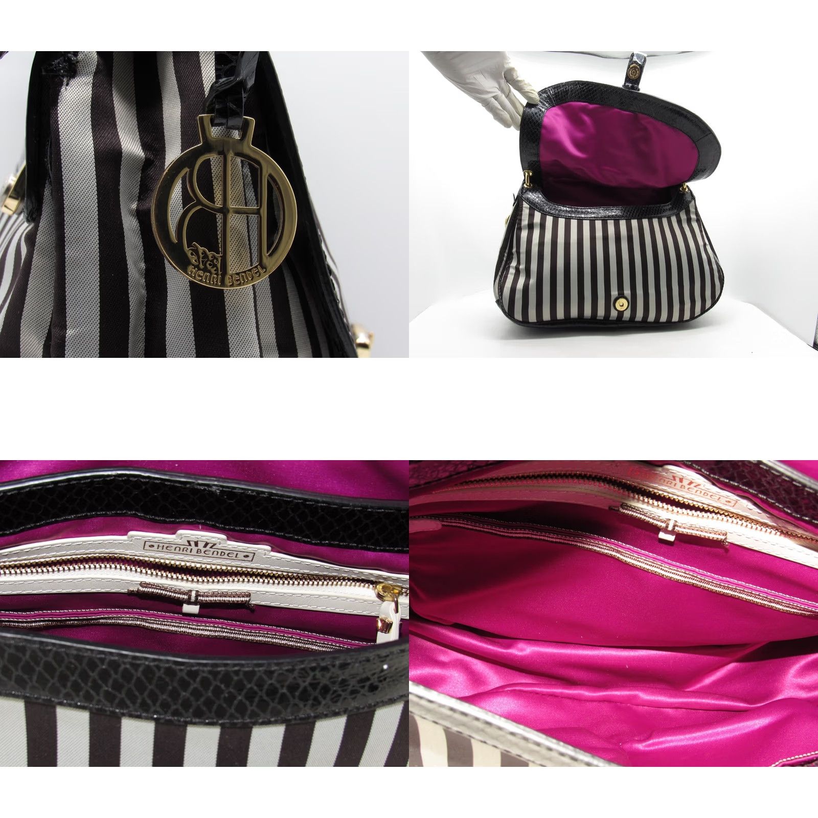 Henri Bendel HENRI BENDEL Luxury Crossbody Handbag Hobo Striped Black Grey Canvas Leather Gold Authentic Womens Size ONE SIZE - 9 Thumbnail