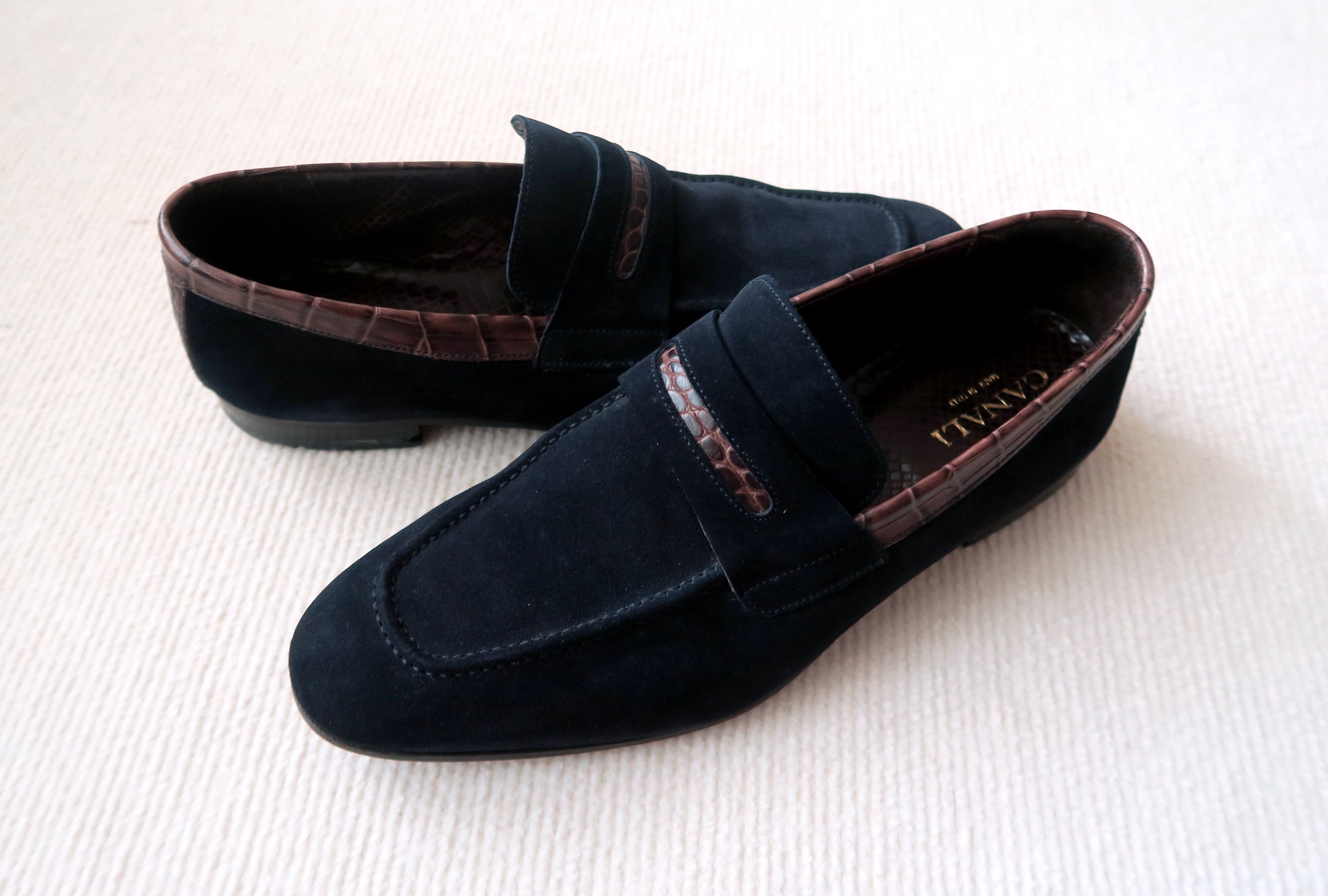 Canali Canali Suede Croc-Embossed Leather Trim Penny Loafers Shoes Size US 10 / EU 43 - 1 Thumbnail