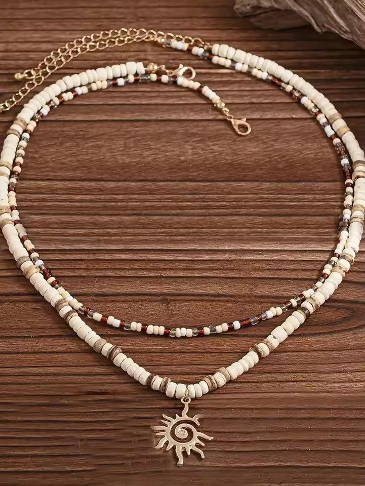 Vintage COCONUt Shell Wood Beads Sunflower Necklace Size ONE SIZE - 4 Thumbnail