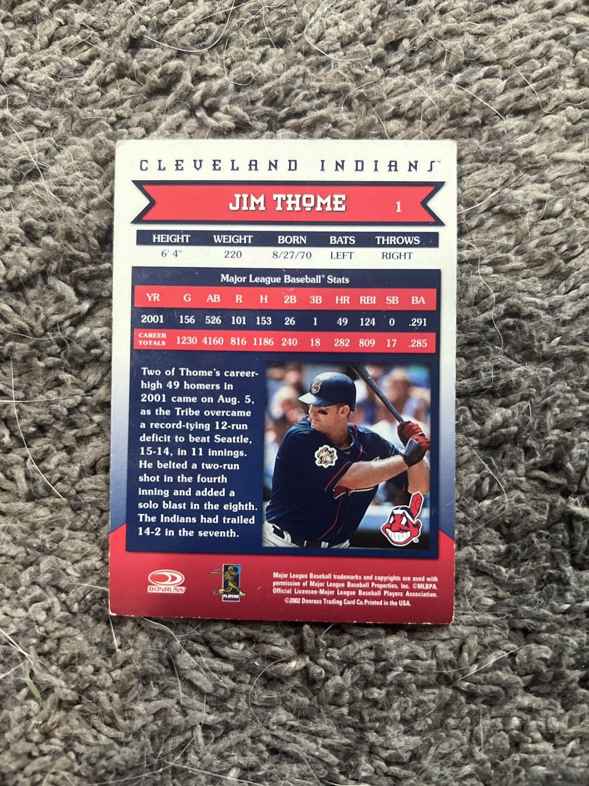MLB 2002 Donruss #1 Jim Thome Card Size ONE SIZE - 2 Thumbnail