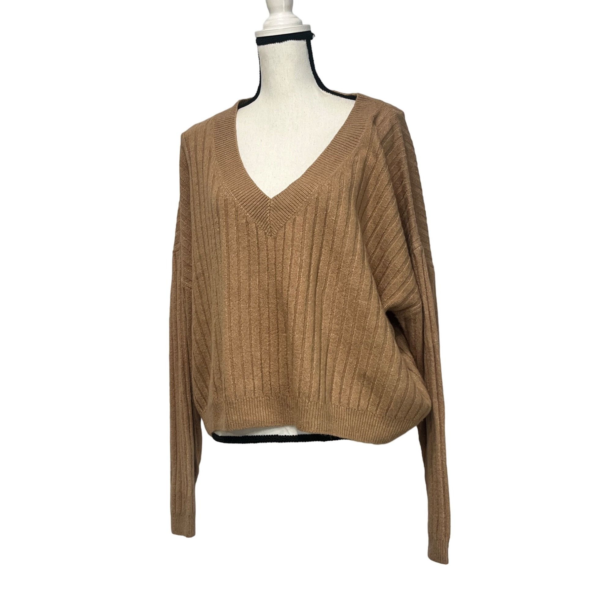 Other OPEN EDIT V-neck Rib Sweater In Tan Cartouche, Sz. XL Size XL / US 12-14 / IT 48-50 - 12 Thumbnail