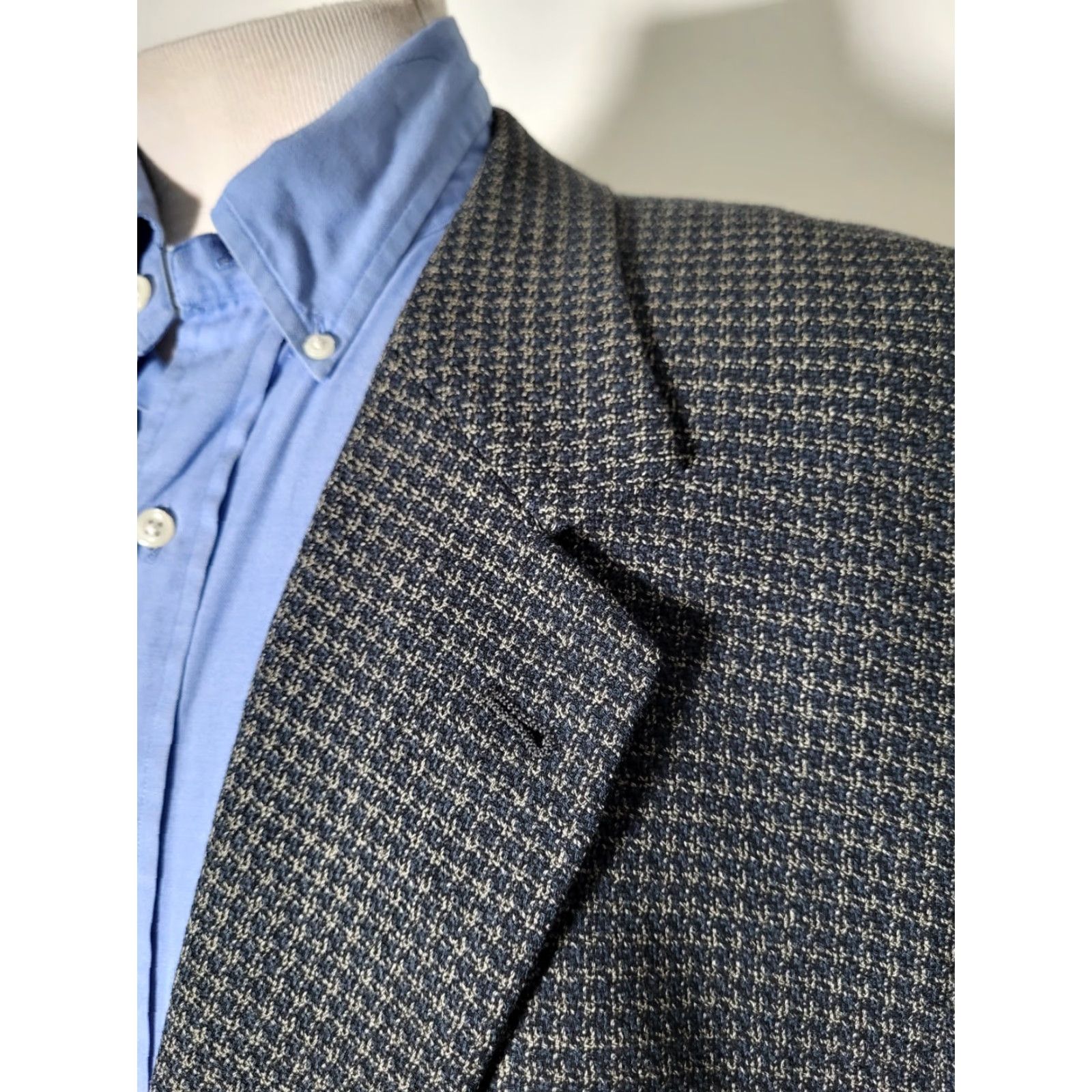 Vintage J. Abboud Woven Blue Brown Check Wool Tweed Blazer Jacket SportCoat Hopsack 46XL Size 46R - 3 Thumbnail