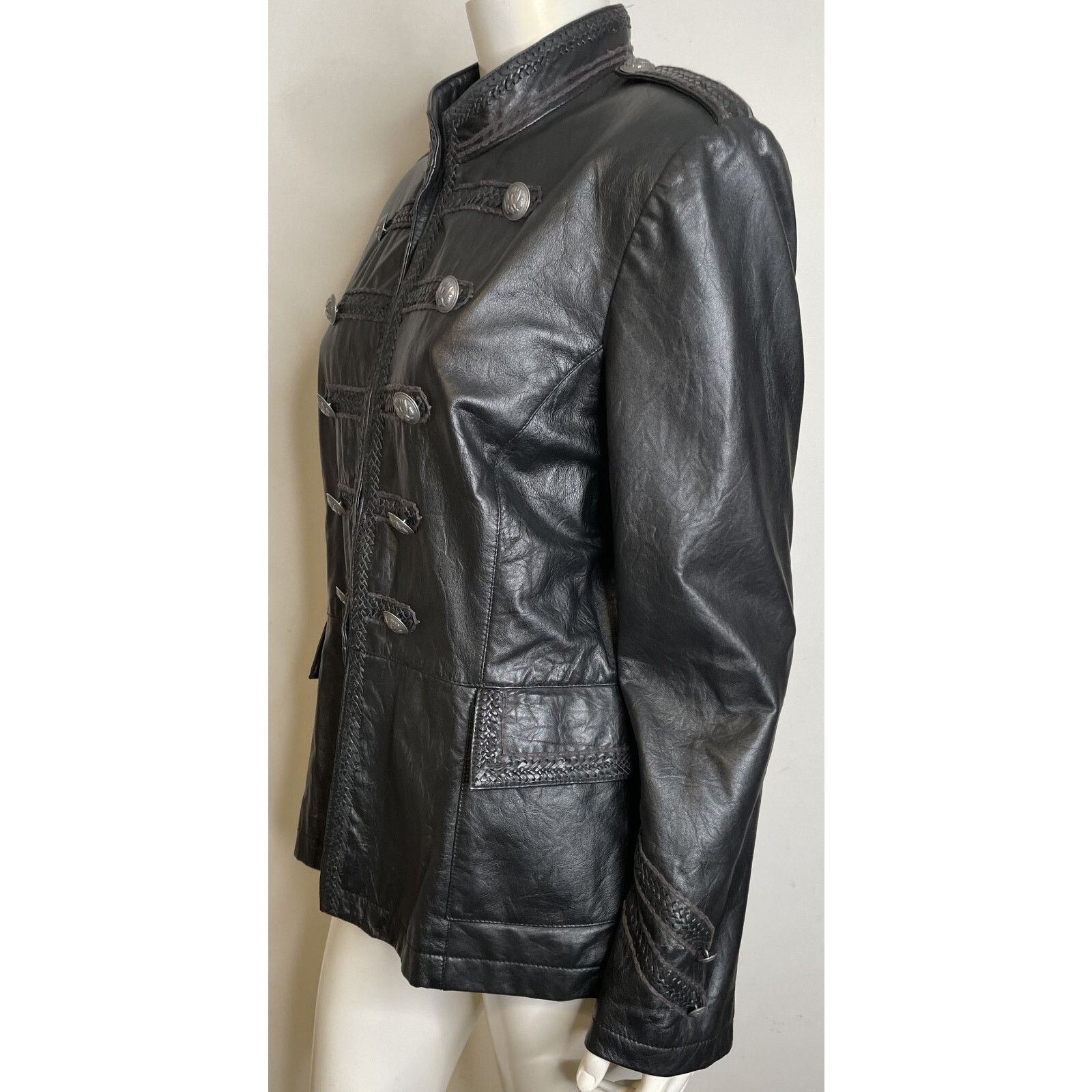 Double D Ranch Double D Ranch Black Leather Military Jacket L Pockets Size L / US 10 / IT 46 - 3 Thumbnail