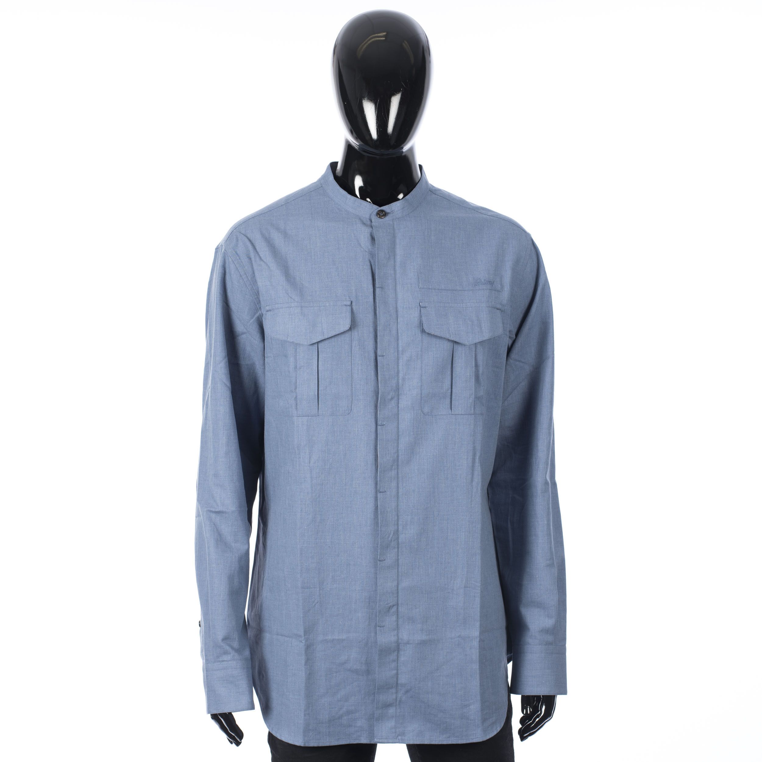 Brioni Mandarin Collar Shirt In Blue Cotton Size US XS / EU 42 / 0 - 1 Thumbnail