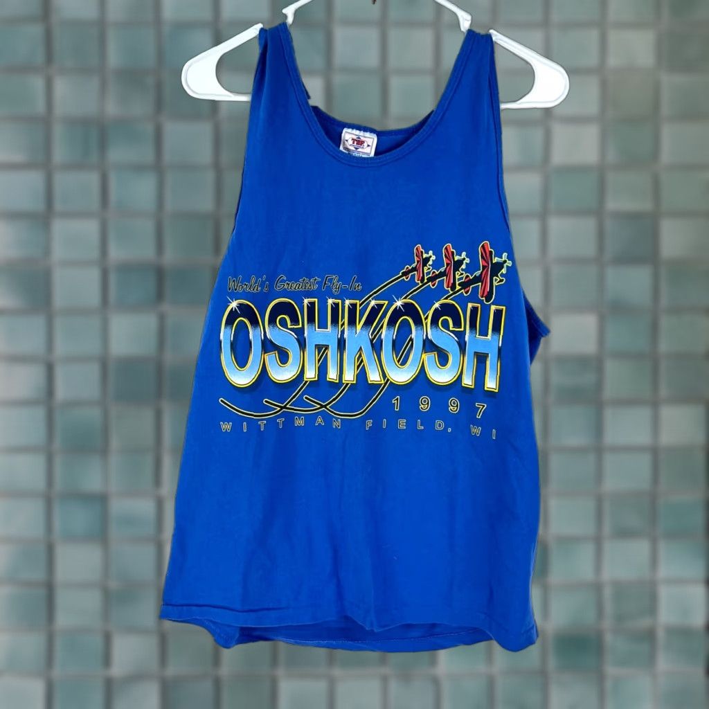 Vintage VINTAGE TSF Oshkosh Fly In 1997 Tank Top Adult Large Blue AOP Shirt Sleeveless 90s Logo Mens Size US L / EU 52-54 / 3 - 1 Thumbnail