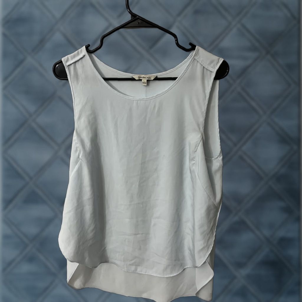 Calvin Klein Calvin Klein Women Top Blouse Sleeveless Blue Round Neck Pullover Chiffon Tank Polyester Spandex Classic Logo Size L / US 10 / IT 46 - 1 Thumbnail