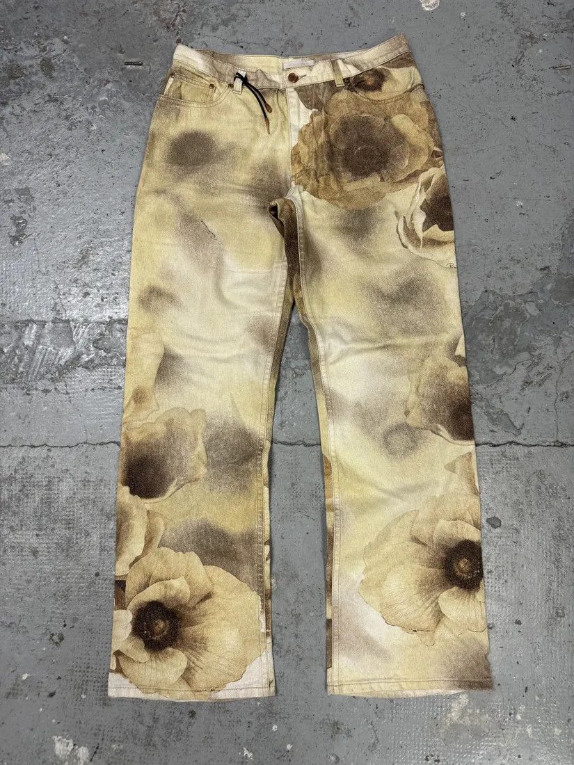 Designer × Vintage FW1999 Roberto Cavalli Creamy Beige Flowers Nature Pants Size US 32 / EU 48 - 1 Thumbnail