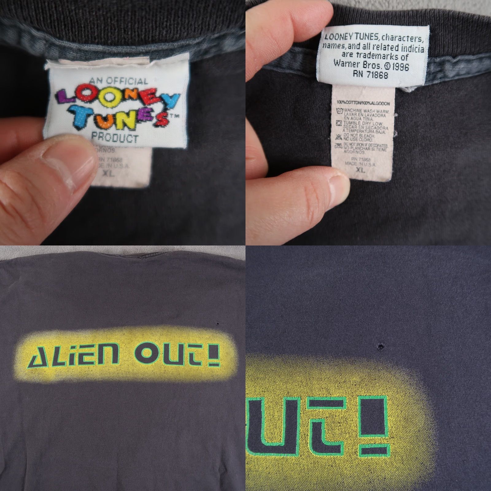 Vintage VTG 90s Looney Tunes Taz UFO Space XL AOP Shirt Mens Black Cotton 1996 USA Made Baseball Short Sleeve Crew Neck T-Shirt Graphics Size US XL / EU 56 / 4 - 8 Thumbnail