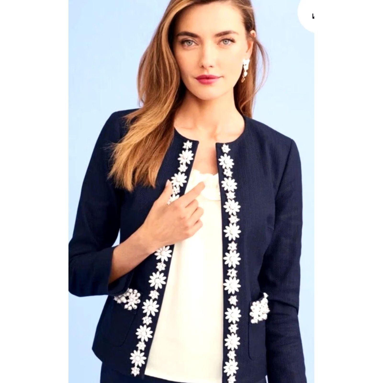 Talbots Talbots Hand-Beaded Jacket Navy White 3/4 Sleeve Petite 16 Beaded Business Casual Womens Jacket Size XXL / US 16-18 / IT 52-54 - 2 Thumbnail