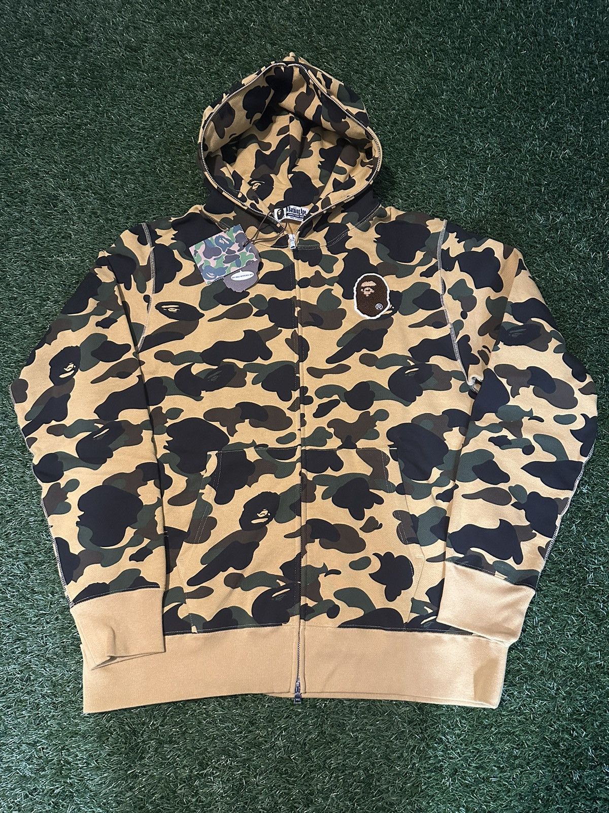 image of Bape 1St Camo Ape Head Patch Full Zip Hoodie - XL in Yellow, Men's