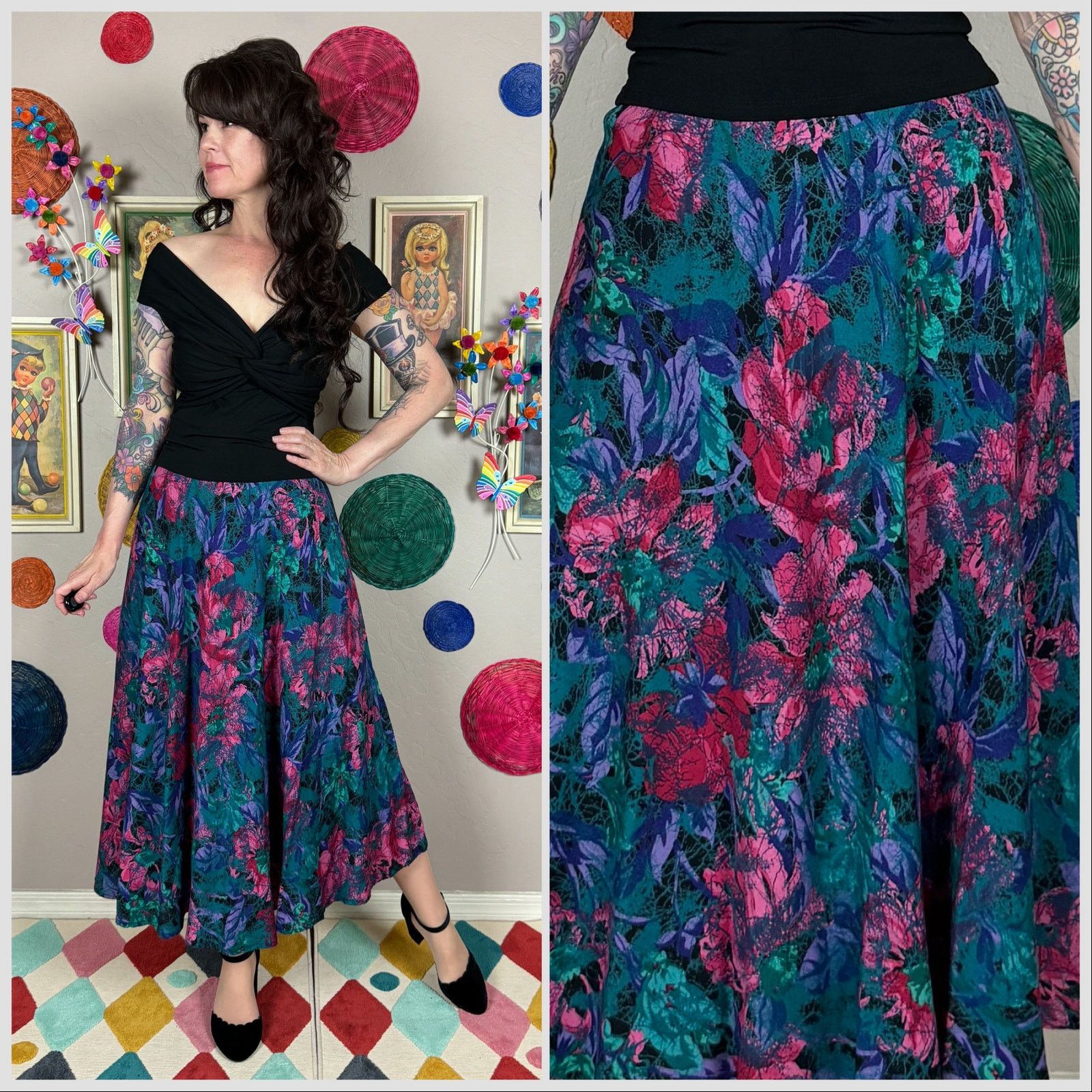 1980s High Waisted Colorful Abstract Floral Midi Skirt
