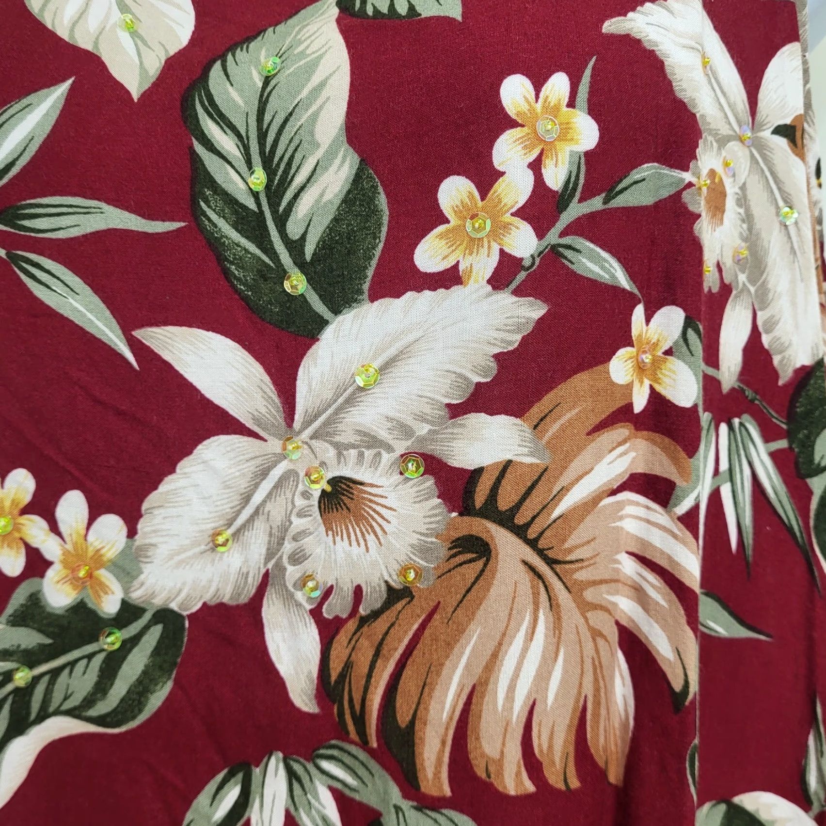 Vintage DNLA Sport Dress Women's XL Maroon Hawaiian Sequin Floral Print Sleeveless Tank Knee Length Dress Size 40" / US 18 - 2 Thumbnail