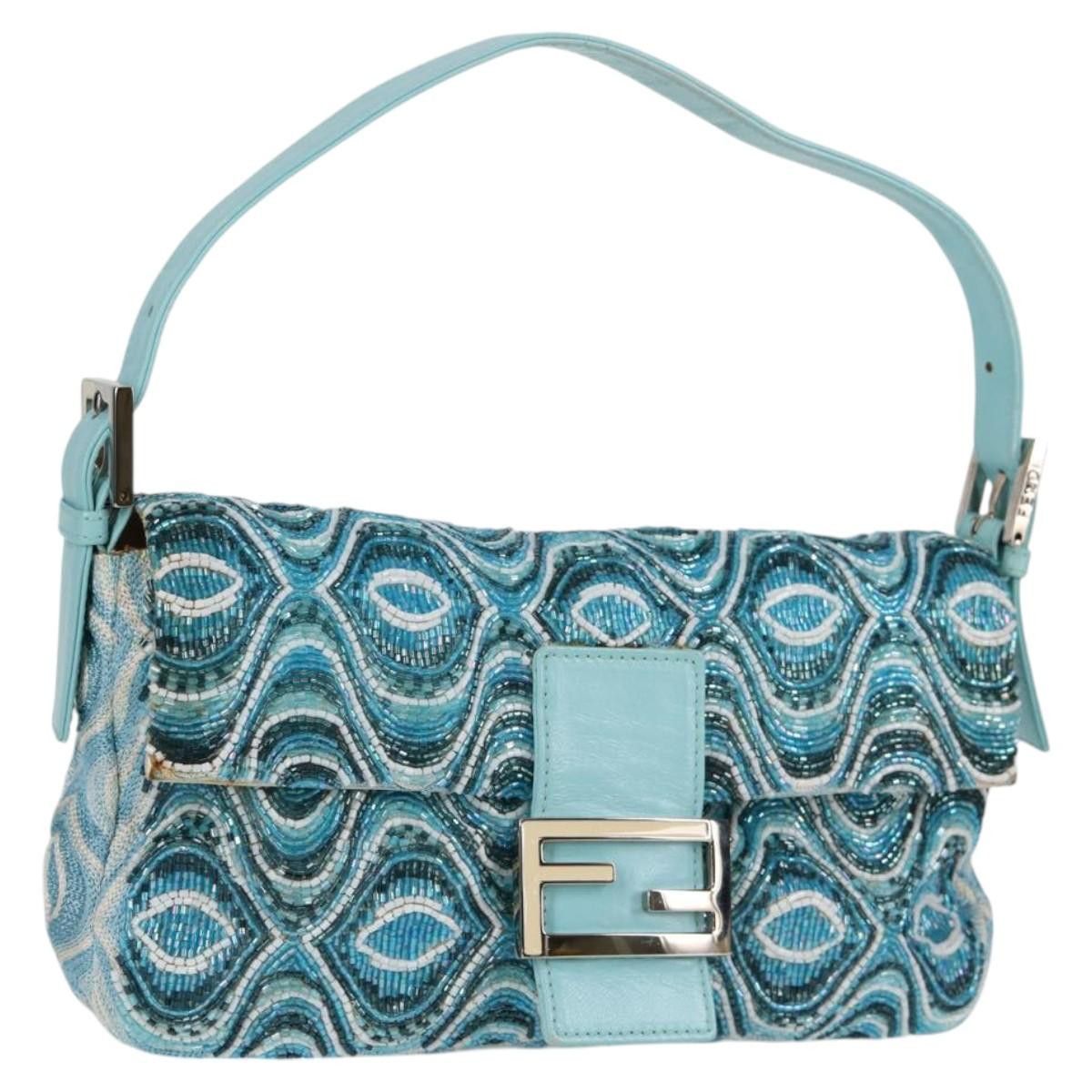 Fendi Mamma Baguette Shoulder Bag Beads Silver Blue Auth Yk18031Am, Women's