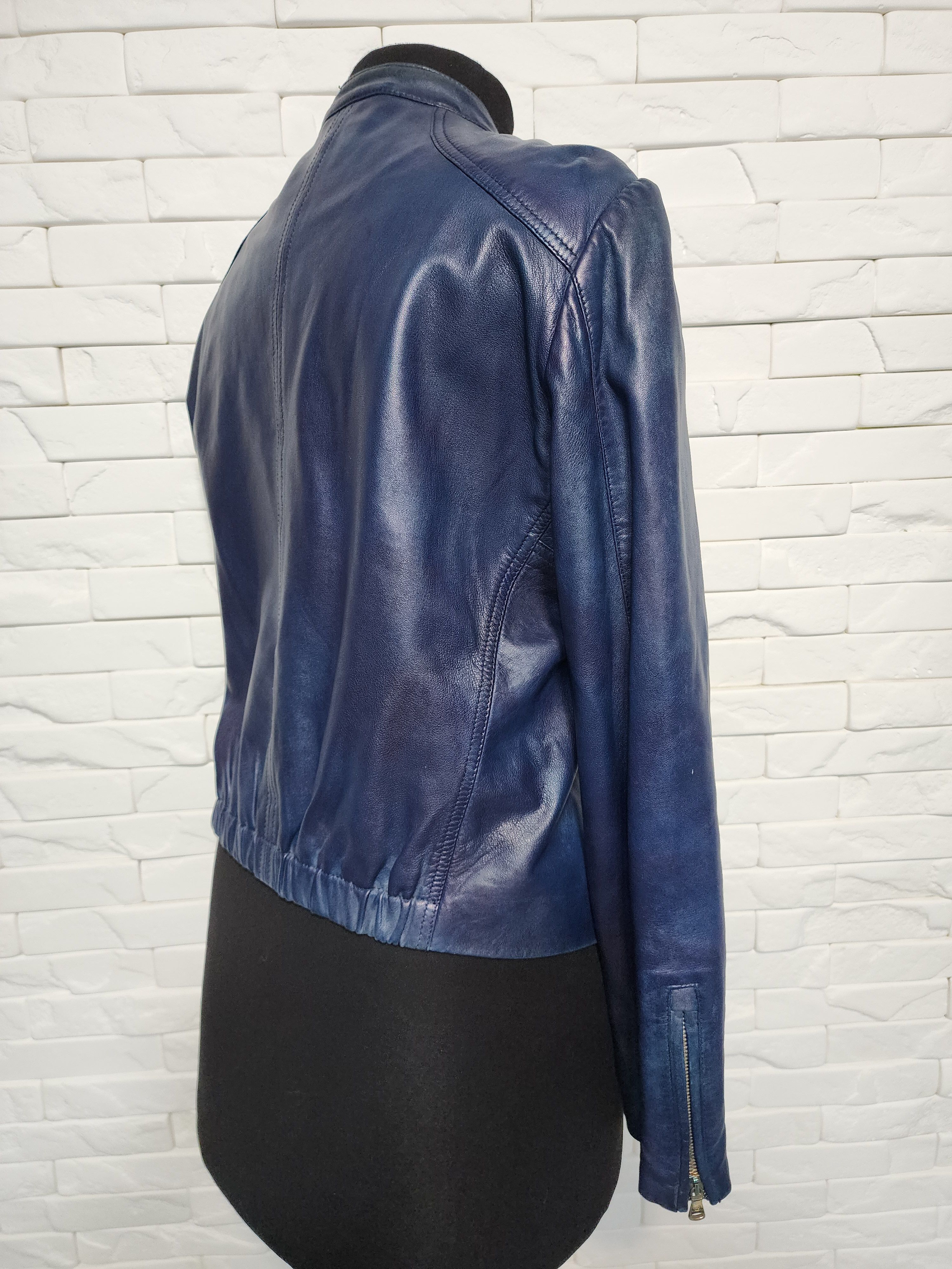 Designer Women's blue leather jacket. Size L / US 10 / IT 46 - 6 Thumbnail
