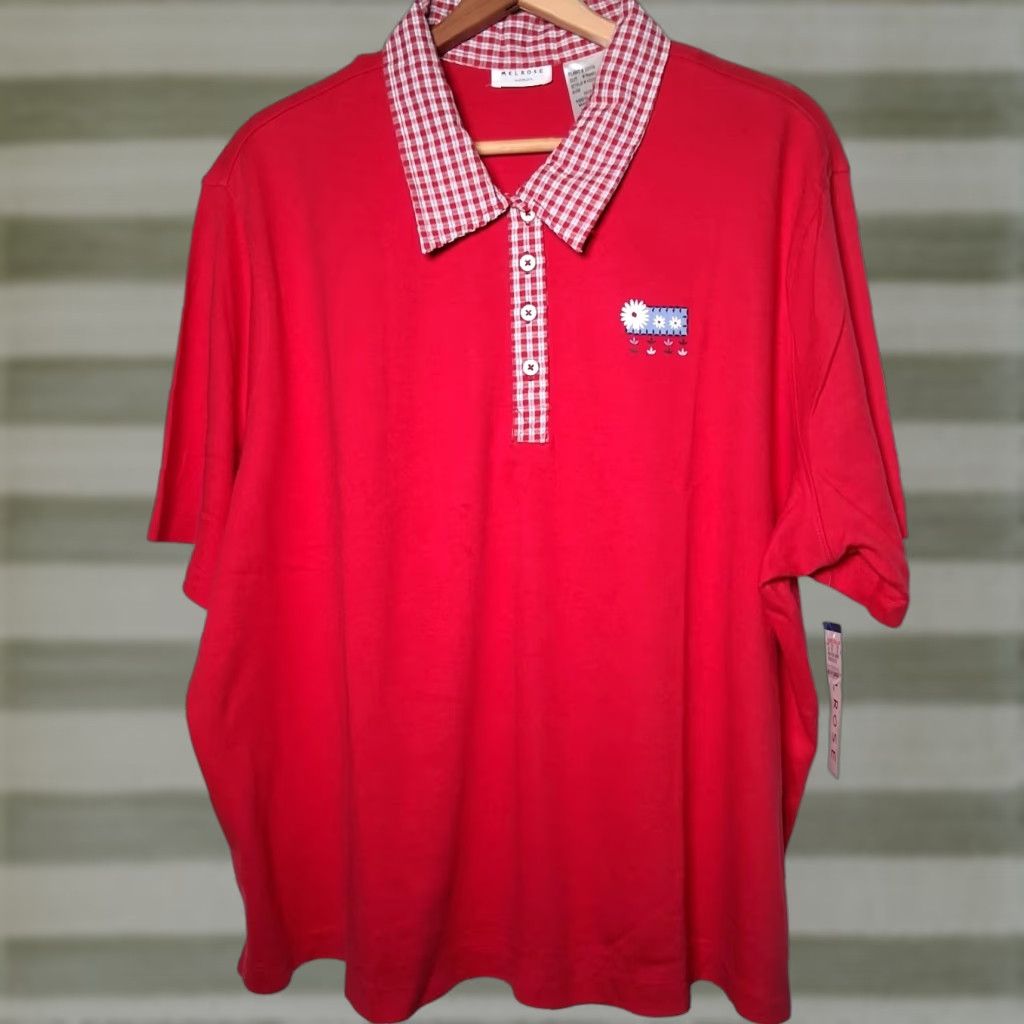 Vintage VINTAGE Melrose Woman Shirt Plus Size 2X Red Collared T Shirt Plaid Daisy Womens 2X Knit Top Shirt Size XXL / US 16-18 / IT 52-54 - 1 Thumbnail