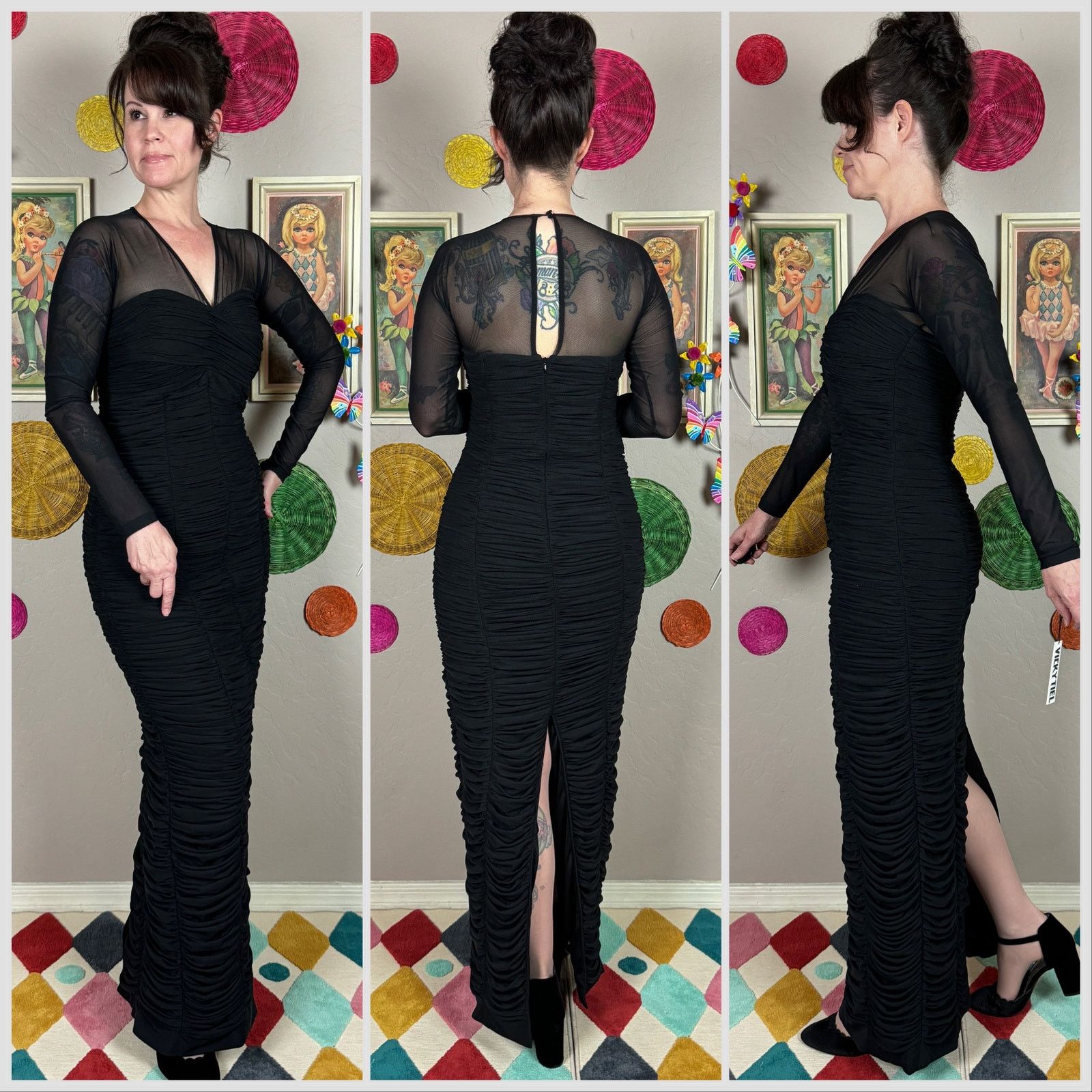 Other Vicky Tiel Black Long Sleeve Mesh Ruched Mummy Dress Size S / US 4 / IT 40 - 2 Thumbnail
