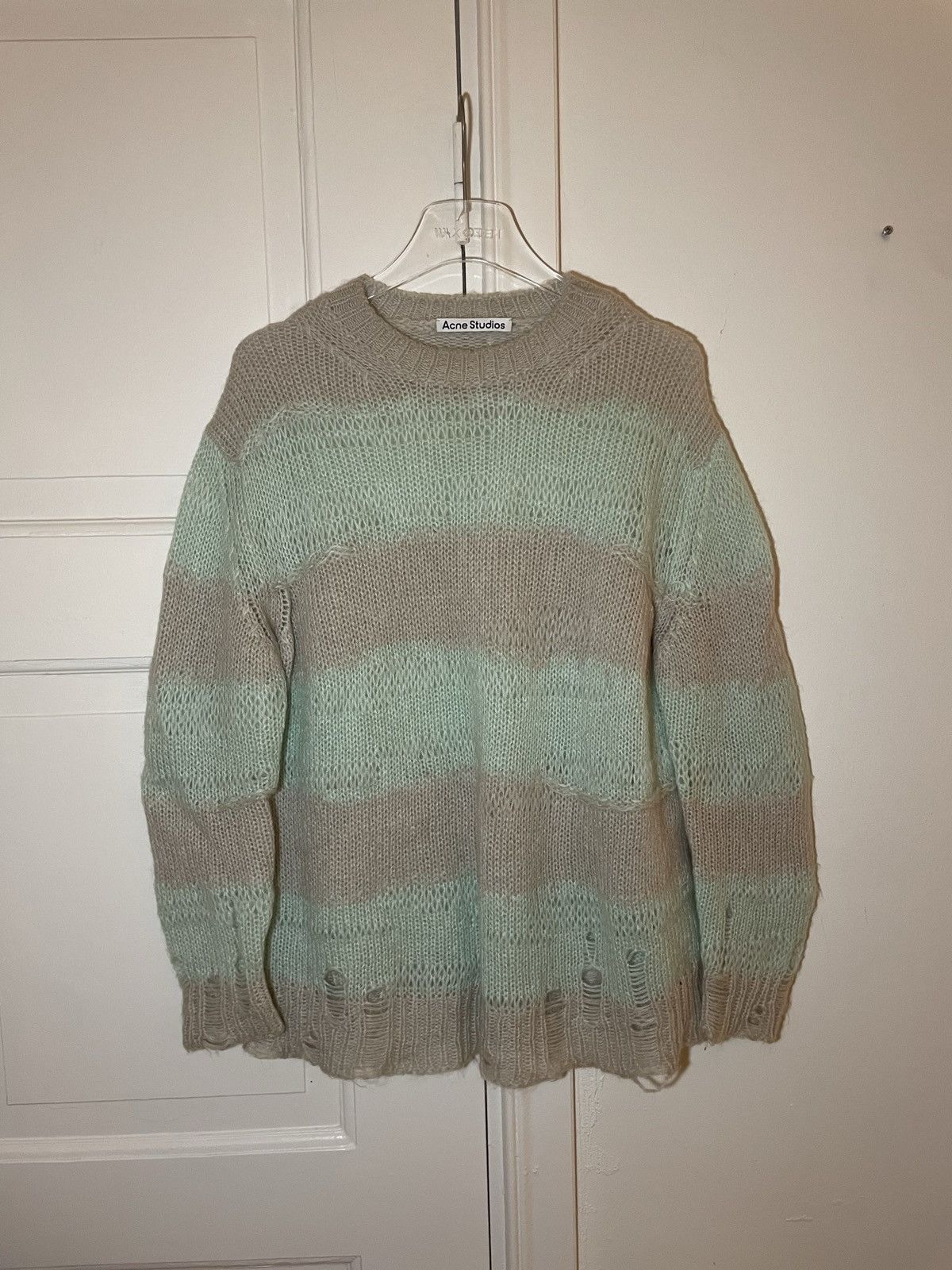 image of Acne Studios Striped Kurt Cobain Distressed Sweater Knit in Green/Pink, Men's (Size Small)