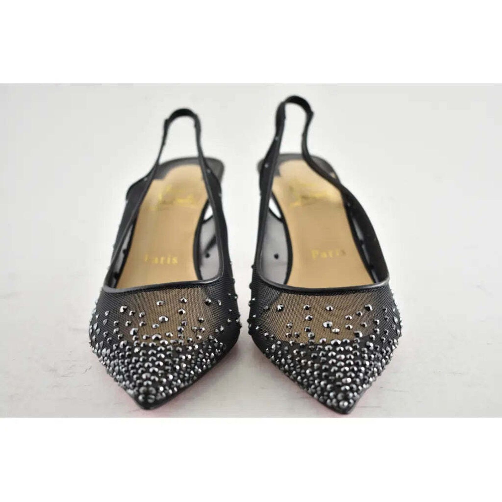 Christian Louboutin Follies Strass Sling 70 Black Leather Mesh Heel Pump 38 Size US 12 / IT 42 - 5 Thumbnail